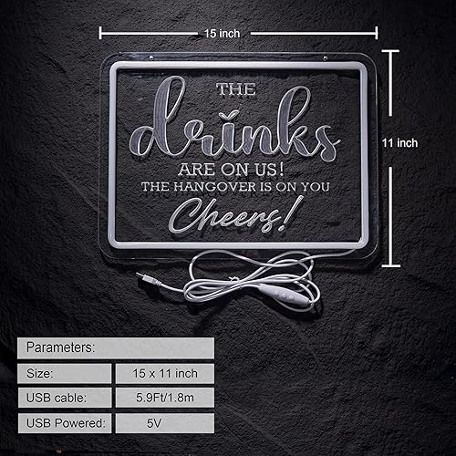 Miniatura 2 de Letrero de neón con texto en inglés "The Drinks Are On Us", letreros LED con texto en inglés "The HanGover is On You Cheers", regalos de luz de neón
