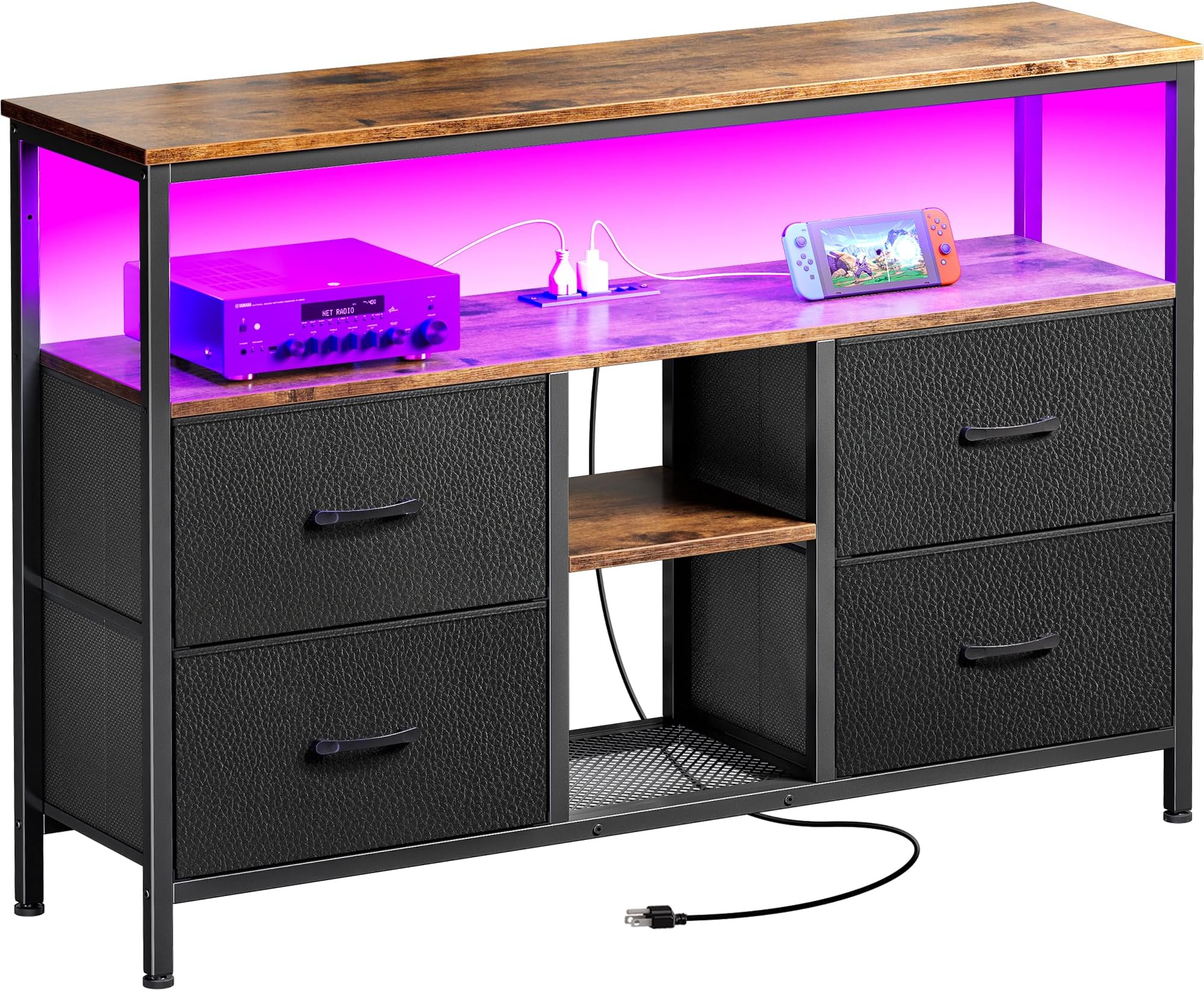 Huuger TV Stand Dresser with Power Outlets and LED Lights, 4 Drawers Entertainment Center with Open Shelf, Media Console for 50 43 Inch TV, Dresser with PU Finish, Rustic Brown and Black
