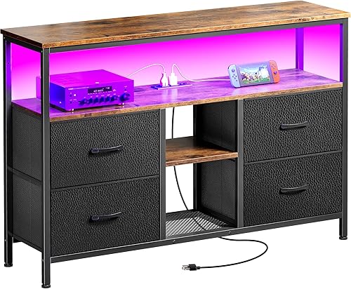 Miniatura 1 de Huuger Mueble de TV con tomas de corriente y luces LED, centro de entretenimiento de 4 cajones con estante abierto, consola multimedia para TV de 50