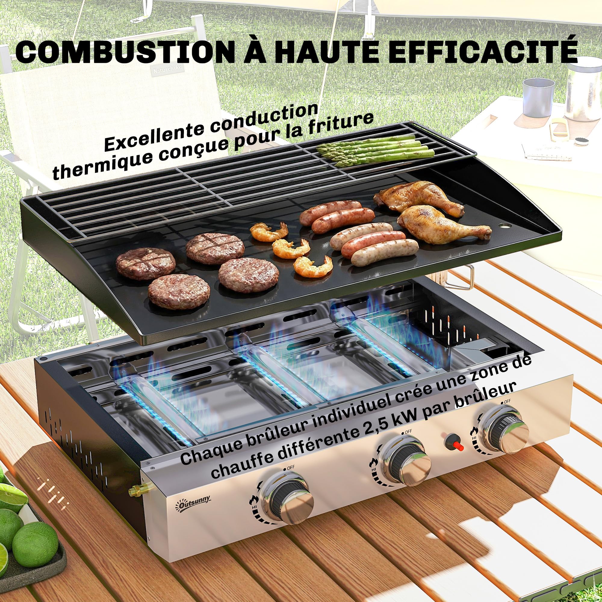 Outsunny Plancha Gaz Extérieur 3 Brûleurs en Acier Inoxydable 7,5 kW, Noir | Plaque Émaillée Anti-Chaleur Facile à Nettoyer, Barbecue de Table, Grille de Maintien au Chaud