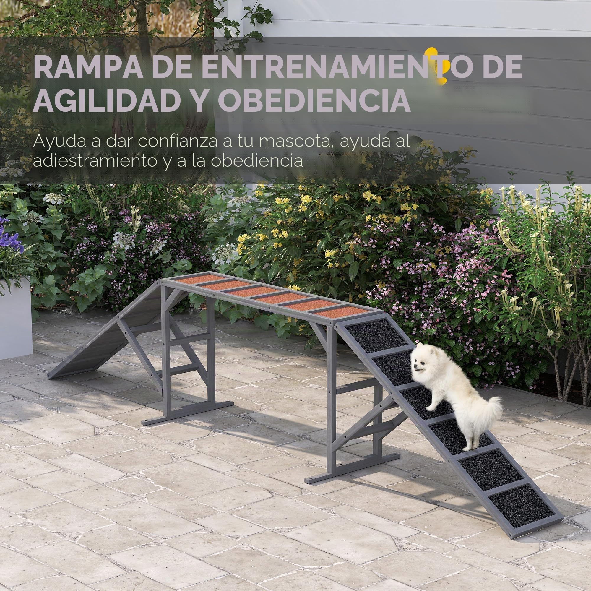 PawHut Equipo de Agilidad para Perros rampa de Madera Antideslizante Gris | Barra de seguridad, pista de obstáculos para mascotas, para parque y jardín, entrenamiento de caminata y pausa