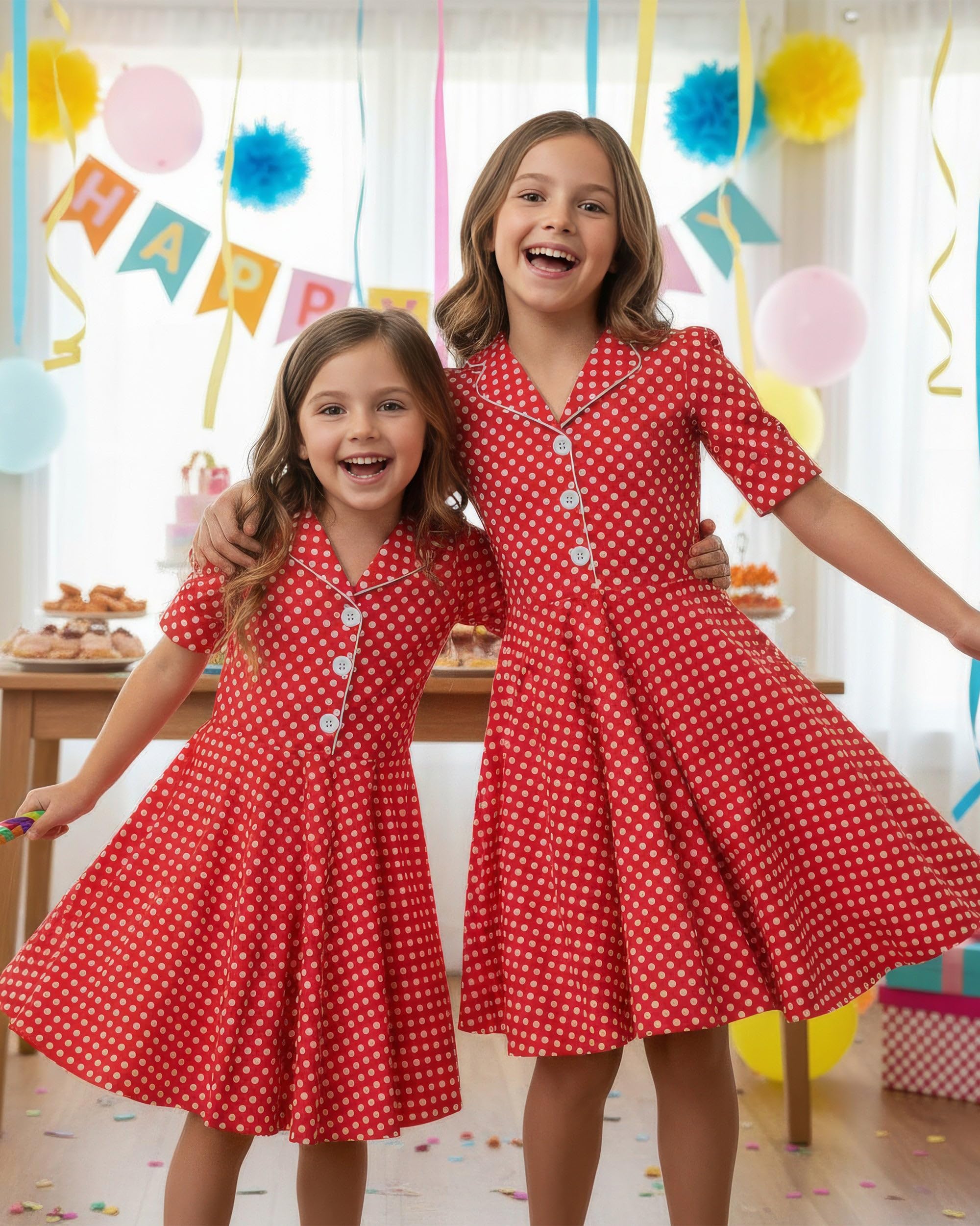 BlackButterfly Vestido Niña Sabrina Lunares | Falda Circular, Manga Corta con Vuelta, Cuello Camisero, Botonadura Funcional, Forro Interior, 3-14 Años