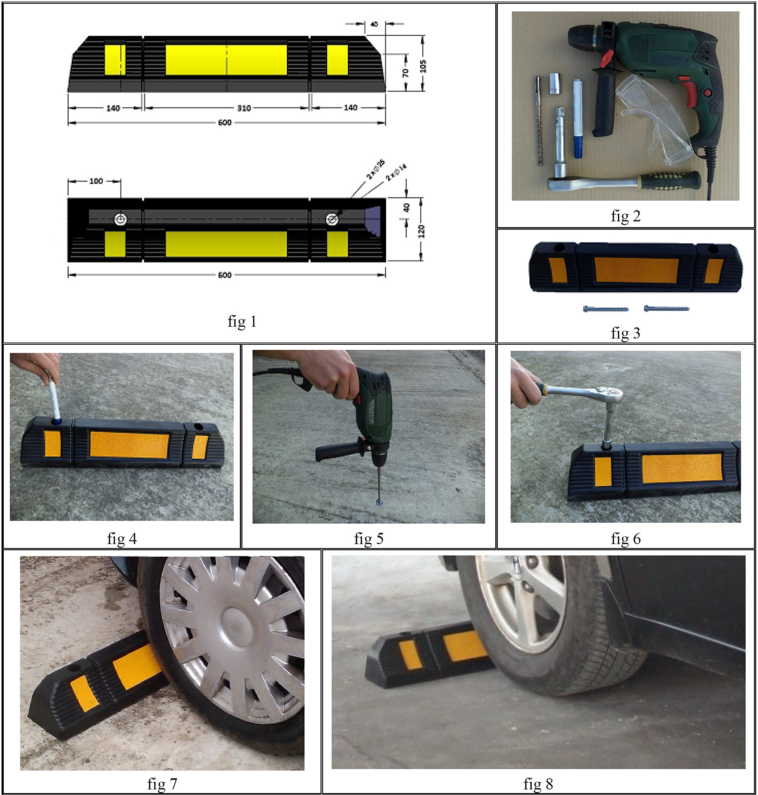 RWS-225 Fermaruote in Gomma per Parcheggi Commerciali o Personali e per Garages Privati, Nero e Giallo 60x12x10 cm (Pacco da 2)