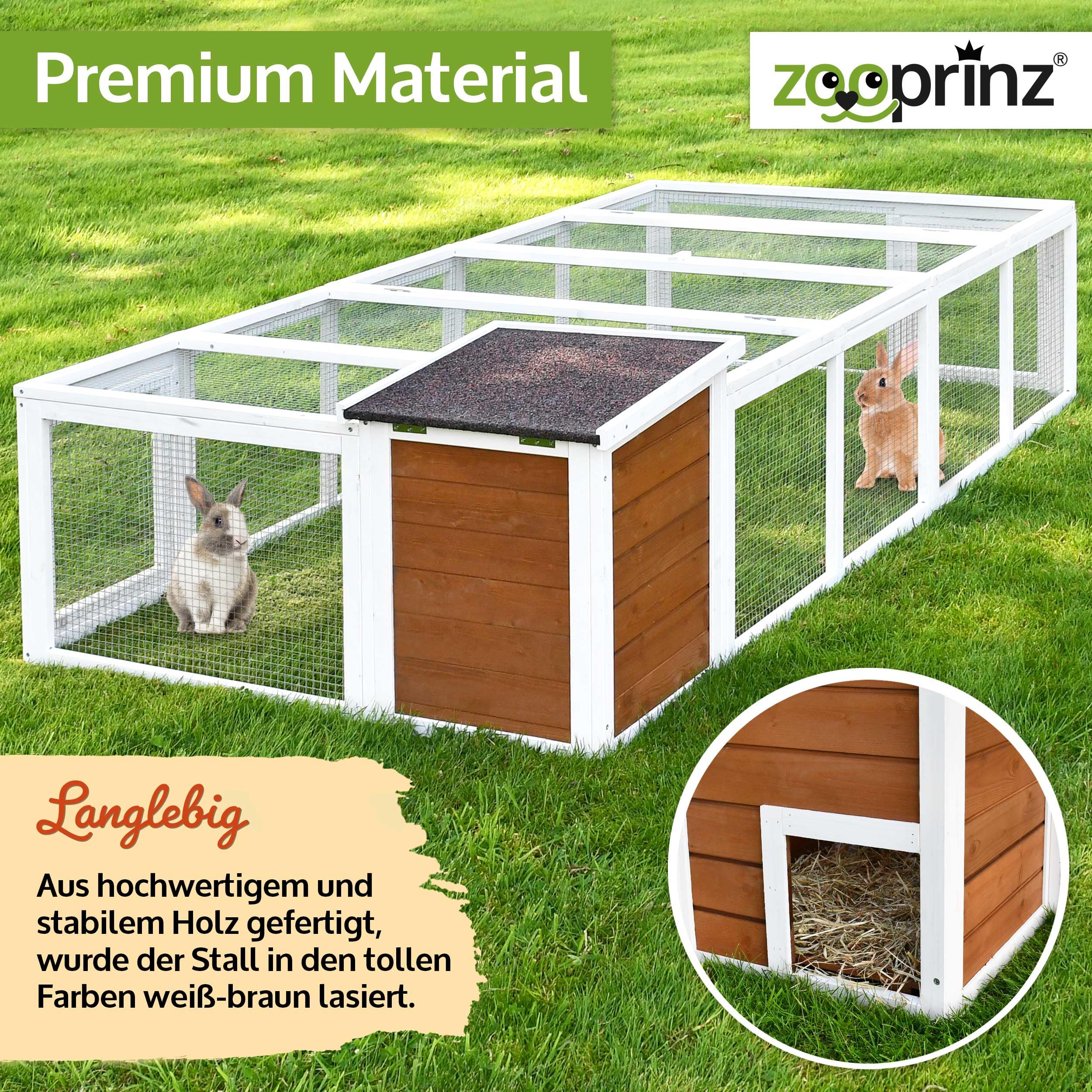 zooprinz brandneues Freilaufgehege mit Stall für draußen – ideal für Kleintiere – Besonders stabiler und großer Holzrahmen mit Kaninchenstall – Freilauf mit natürlicher Farbe lasiert – Hasenstall (XL)