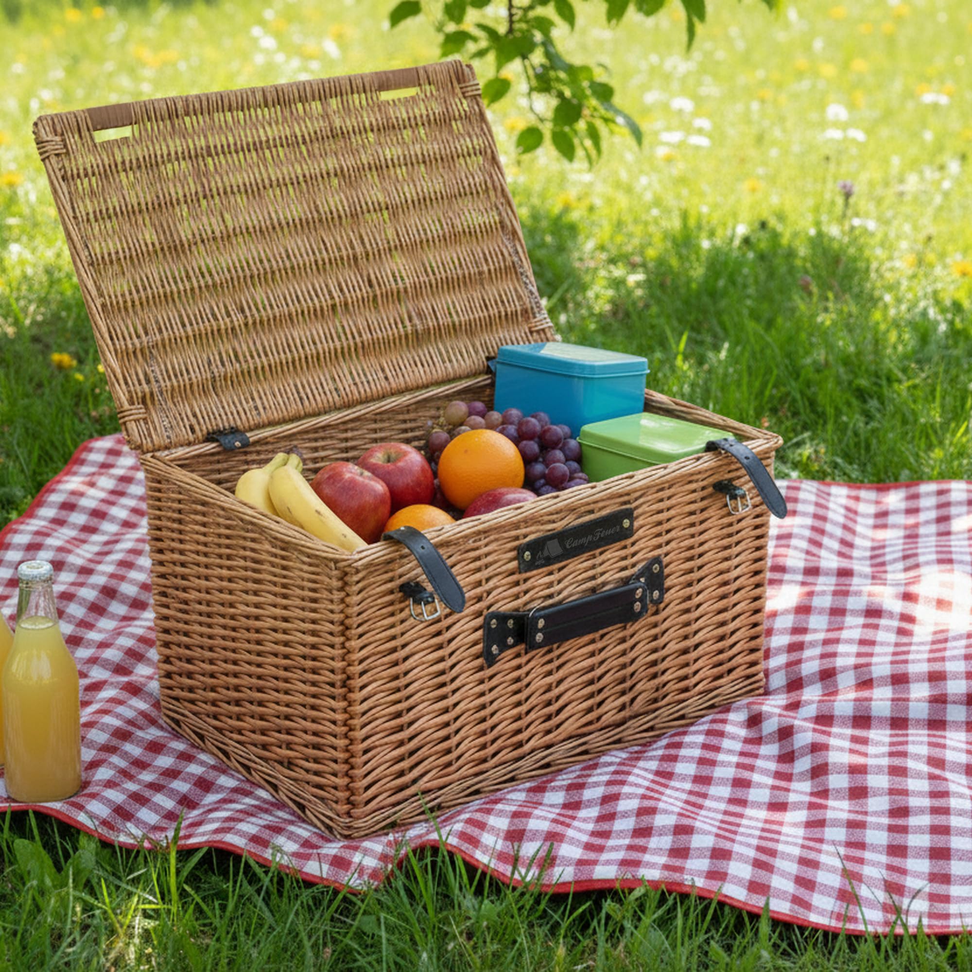 CampFeuer Set di 3 cestini in vimini con cinturino in similpelle, cestino da picnic intrecciato, cestino in vimini con coperchio, cestino da picnic | valigetta decorativa, cestino regalo, cestino da