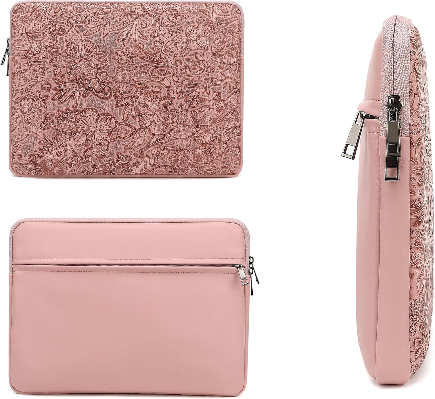 Canvaslove Embossing Floral Pattern PU Leather Laptop Sleeve Case with Pocket for MacBook Pro 14 inch and 14 inch-14.4 inch HP, Lenovo, Dell, ASUS, Acer Notebook Computer (Pink Brown) - Image 4
