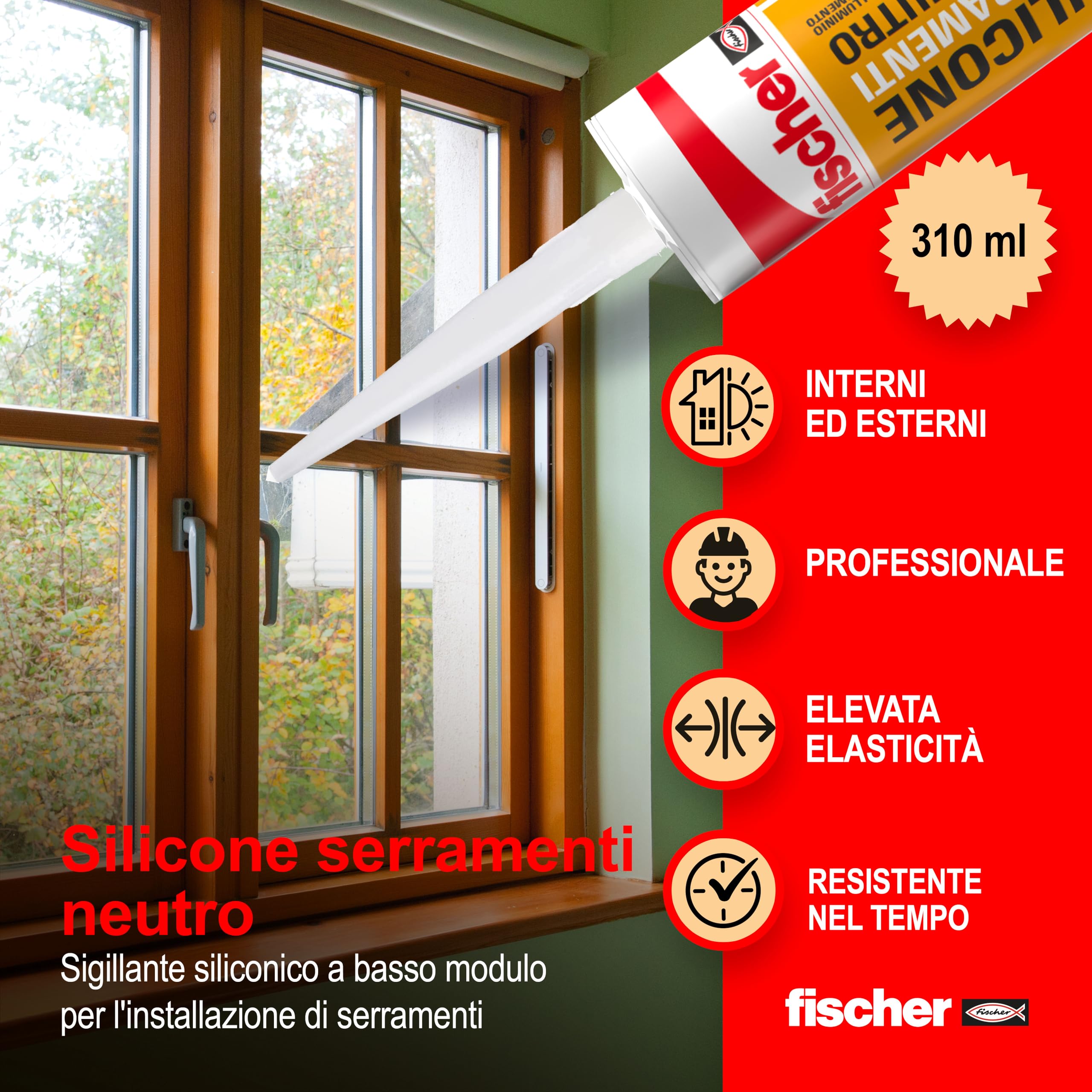Fischer SNF Silicone Sigillante Legno Marrone Rovere, Pavimenti e Finestre, Neutro a Basso Modulo, Elastico, per Serramenti, Porte, Infissi, Inodore, Esterno/Interno, 571331