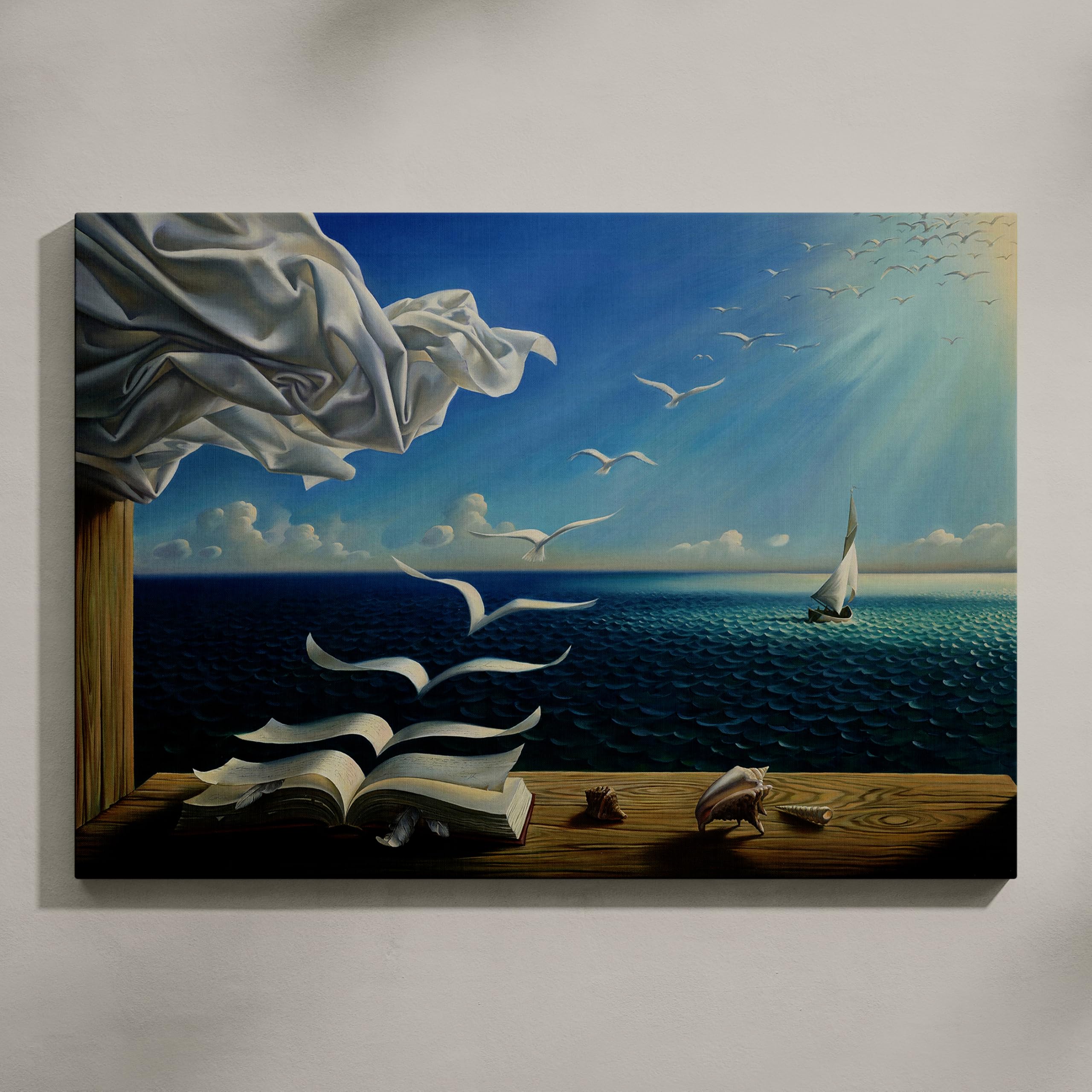 ALMLZL Salvador Dali Wave Book Canvas Wall Art Surrealism Art Prints Famous Oil Painting Reproduction Abstract Sailboat Poster Living Room Bedroom Blue Wall Decor Gallery Wrapped 16x24inch/40x60cm