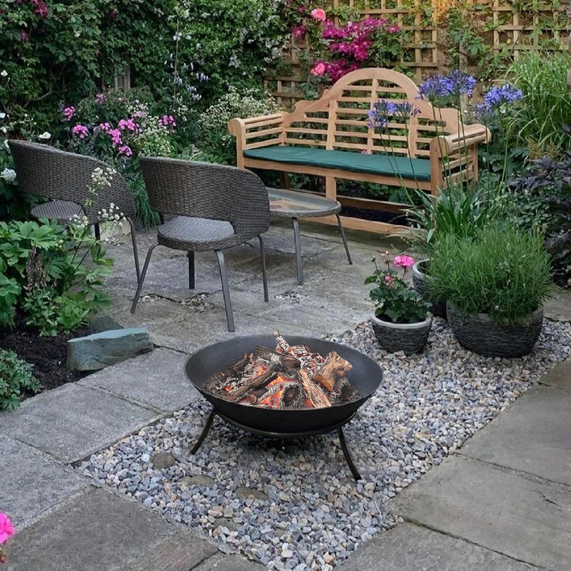Köhko Cuenco de Fuego Marbela Aprox. 50x50x24 cm de Acero con 3 pies para Barbacoa, Fuego de jardín y Todas Las Noches maravillosas