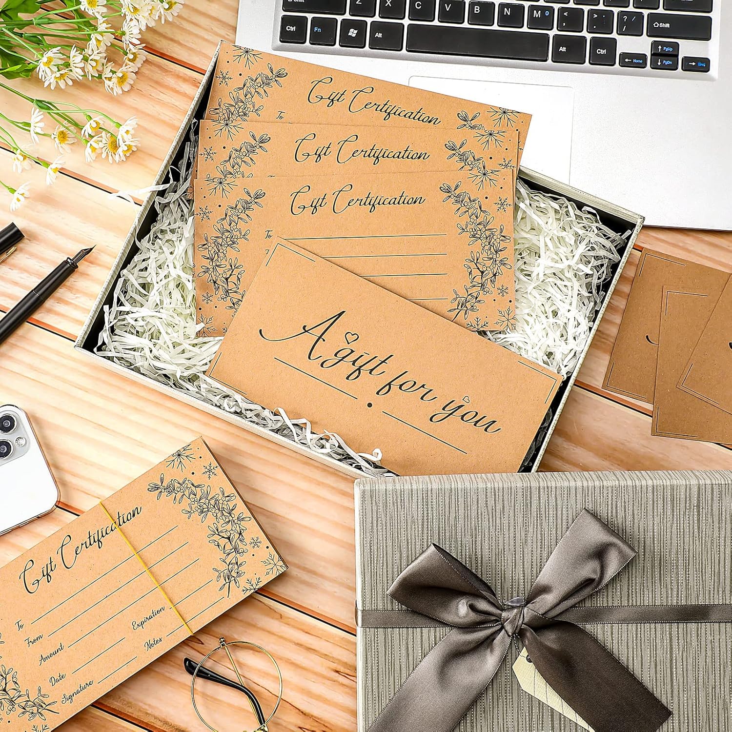 Spiareal 50 Pcs Blank Gift Certificates for Small Businesses 3.75 x 7.5 Inches Double Sided Kraft Black Foil Certificate Cards Paper Vouchers for Hair Salons Spa Restaurants(Brown) image 4 of 7 B0B87Q1RBD