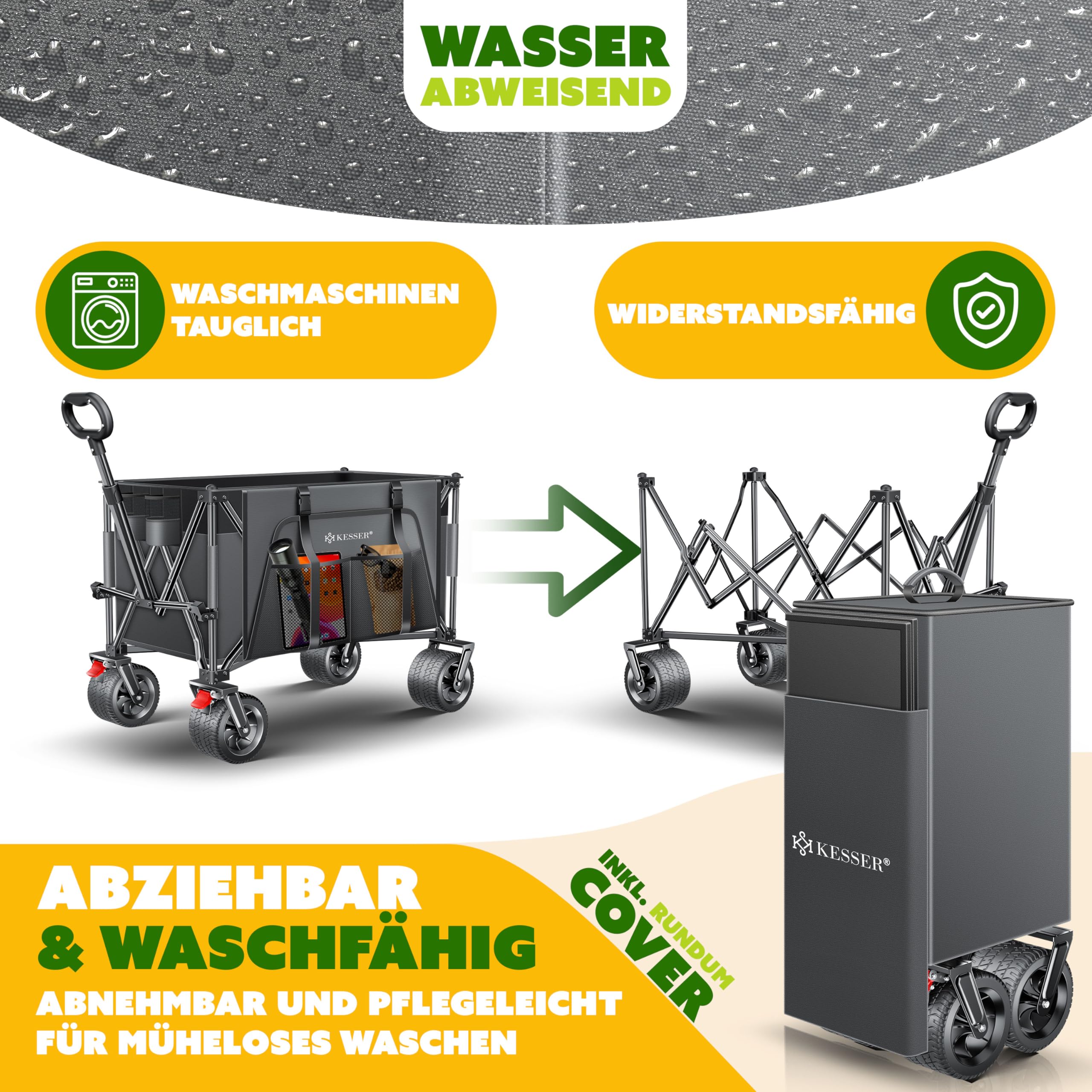 KESSER® Bollerwagen GTR9000 Handwagen 200Kg | 300L Stauraum Transportwagen faltbar extra breite 360° Räder & Feststell-Bremsen Wetterbeständig Strandwagen inkl Abdeckung Seitentasche & Getränkehalter