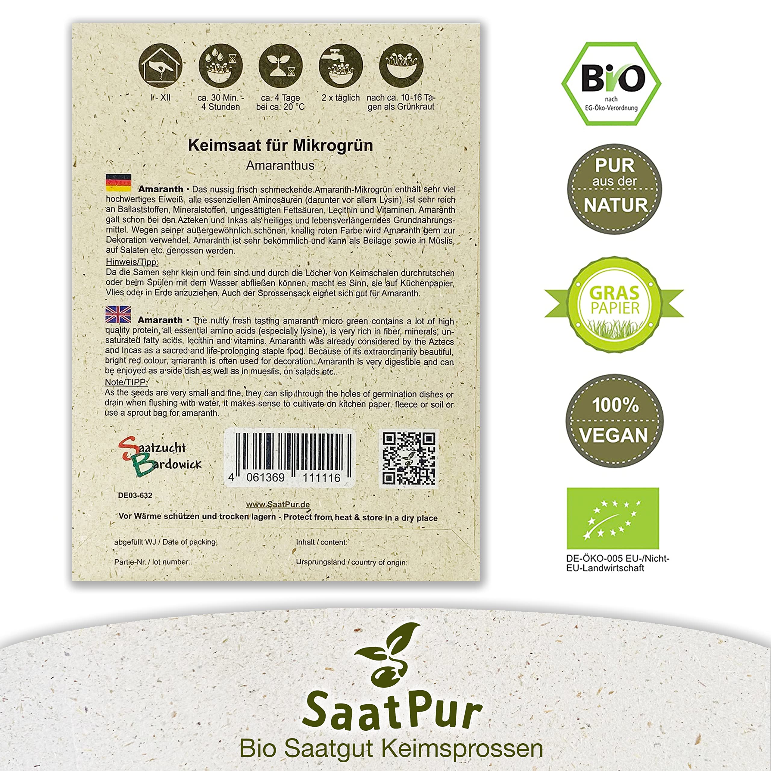 Amarath BIO Keimsprossen von SaatPur - Keimsaat für die Sprossenzucht zuhause - Großes Tray mit 120 Portionstüten je 10g