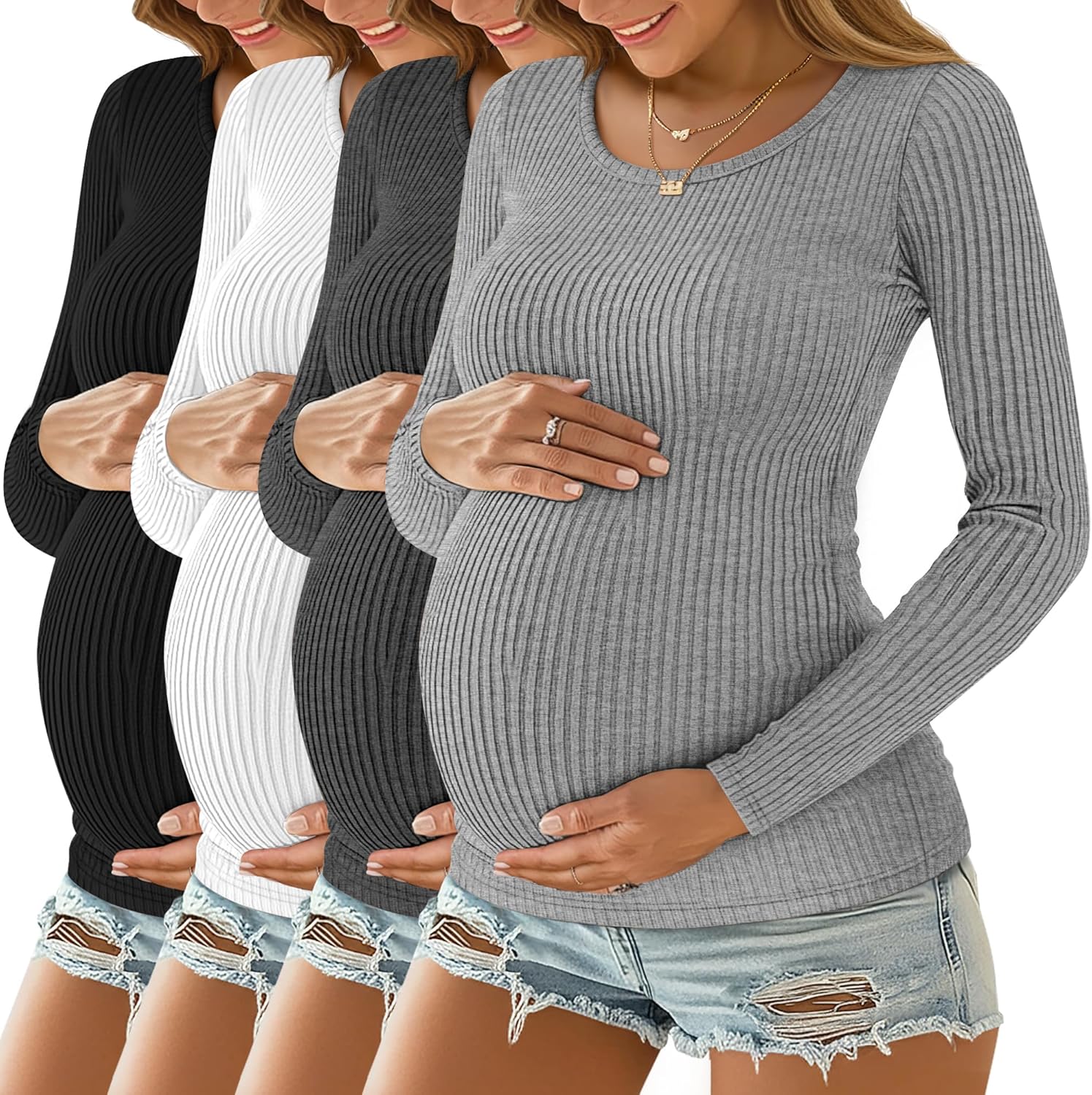 4 Pack Women's Ribbed Maternity Shirts, Scoop Neck Long Sleeve Knit Pregnancy Tops Slim Basic Tee Clothes