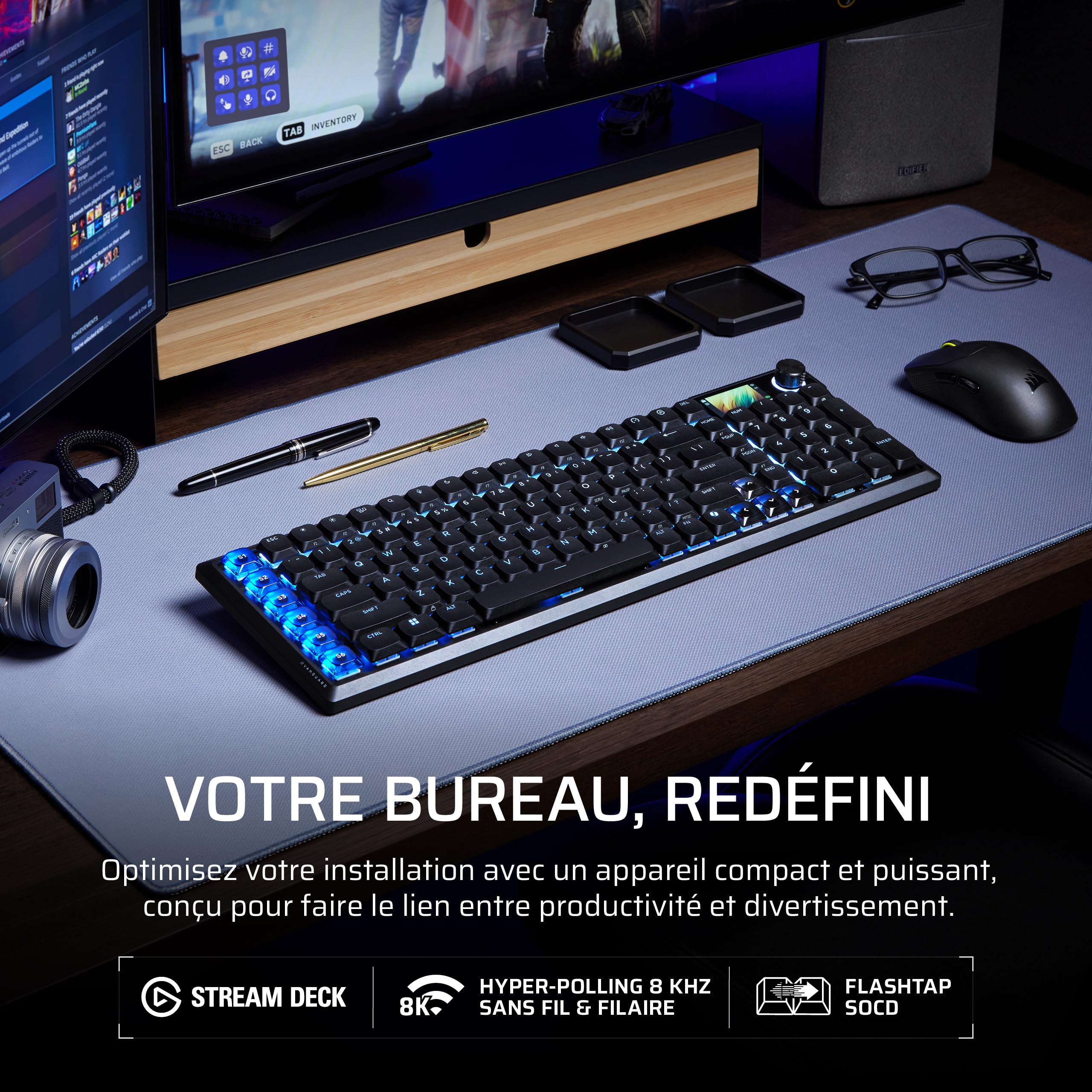 Corsair Vanguard AIR 99 sans Fil Clavier Gaming RGB (AZERTY FR) – Noir | Optique-Mécanique, Profil Bas, Écran LCD, OPX Commutateurs, Interrogation 8 000 Hz, Stream Deck Virtuel, SOCD Flashtap