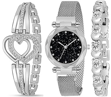 Acnos Brand -A Watch Analogue Diamond Black Dial Silver Magnet Watch with Bracelet for Women or Girls and Watch for Girl or Women (Combo of 3)