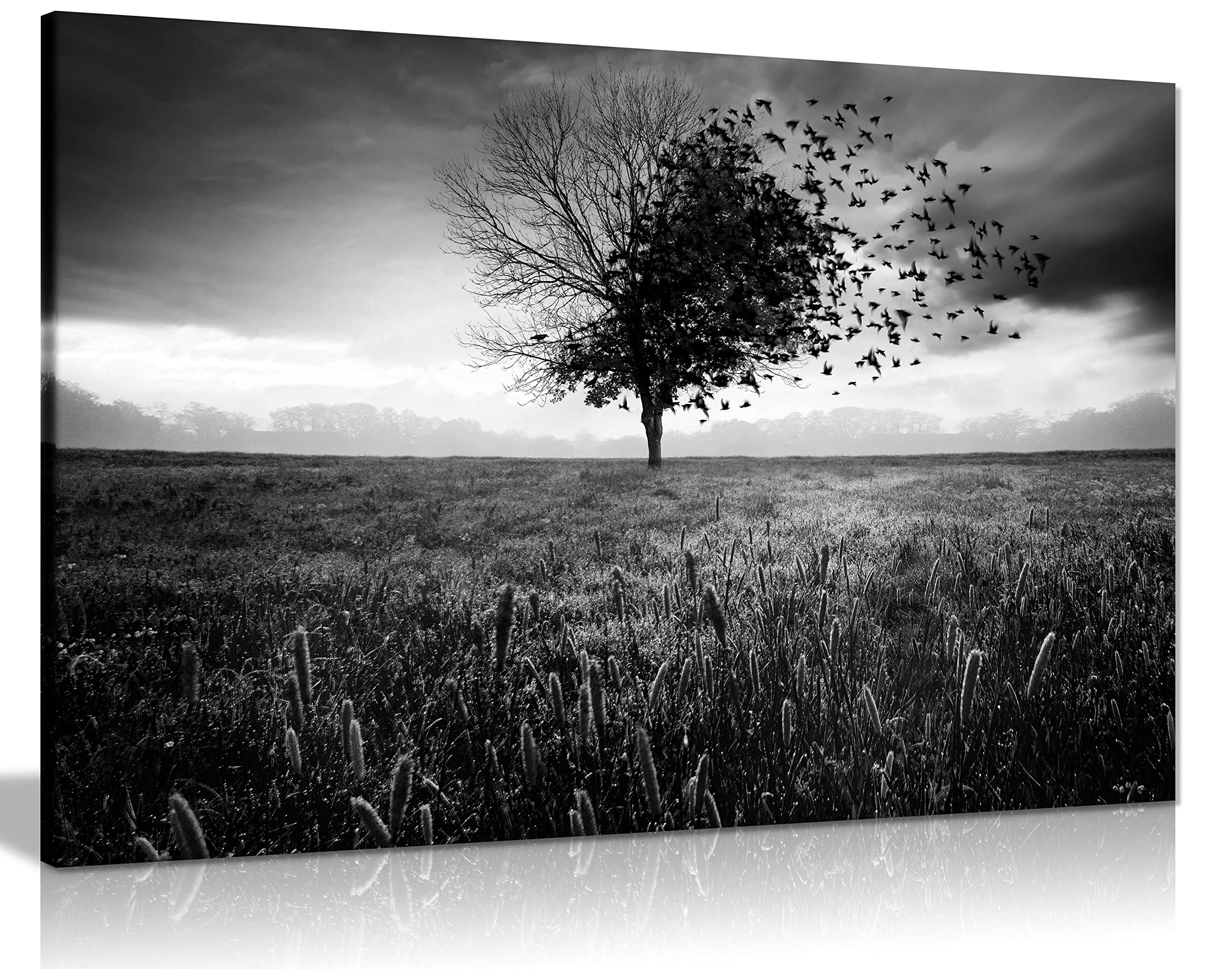 Panther PrintFine Art Prints Black & White Lonely Tree Black Birds Artistic Framed Canvas Print, Pictures for Home Walls, Bedroom, Living Room & Bathroom Decor 31x20cm (12x8in)