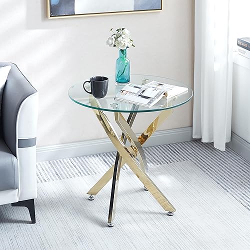 SSLine Mesa auxiliar redonda de vidrio con base plateada, pedestal de vidrio templado transparente, mesa auxiliar de lujo para sala de estar,