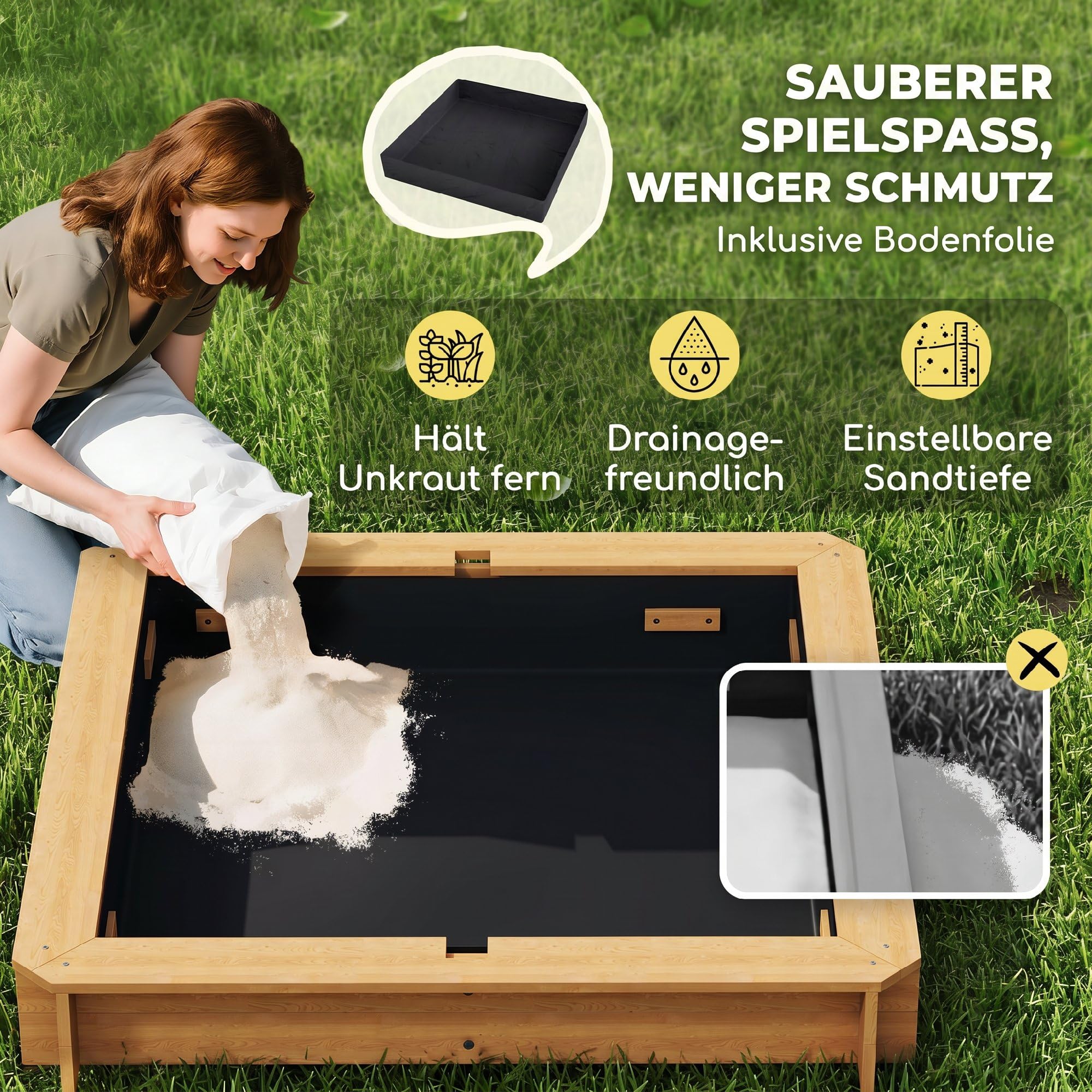 Outsunny Sandbox 106 x 106 cm per bambini con copertura regolabile in altezza, sabbiera in legno con panche schienale per esterni, giardino, terrazza, balcone