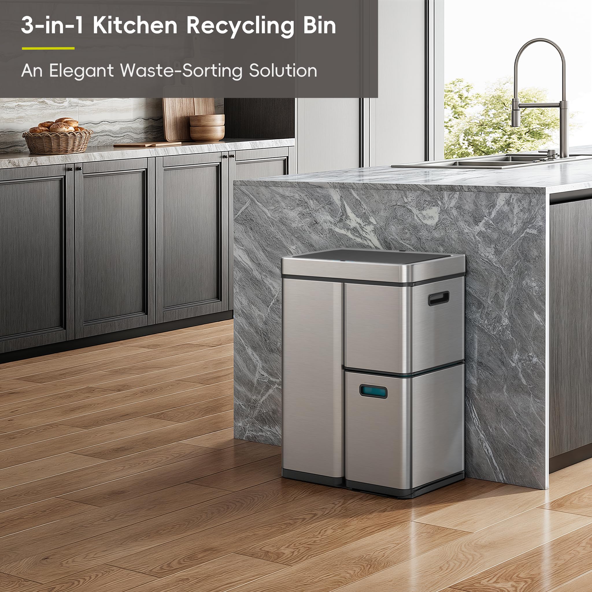 EKO Mirage Plus - Sistema de separación de basura con 3 compartimentos, 2 x 15 L y 30 L, con sensor, 3 cubos interiores de plástico, cubo de basura automático con tapa, cubo de basura grande de cocina