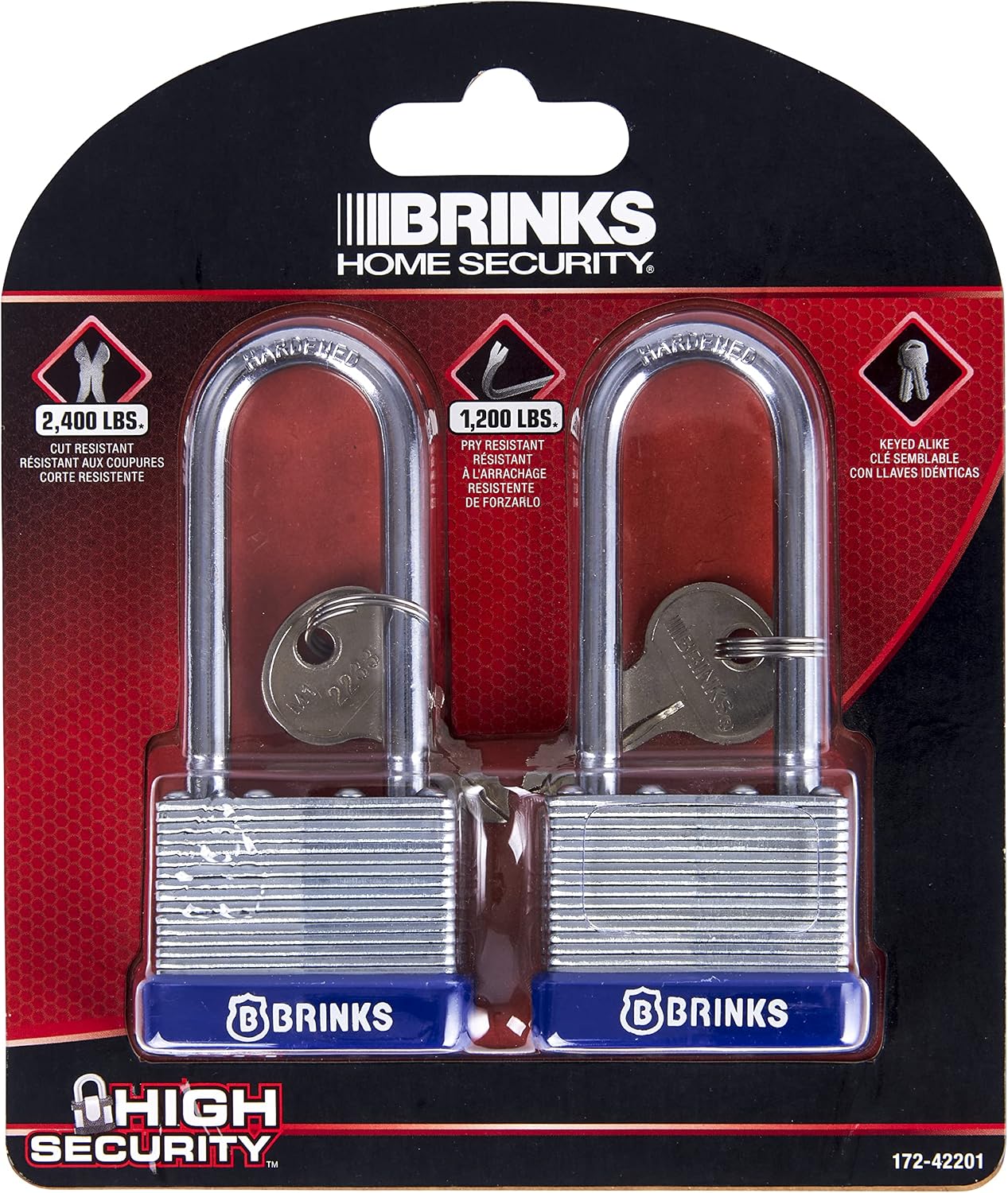 BRINKS - 40mm Laminated Steel Keyed Padlock with 2 1/4” Shackle, 2-Pack - Chrome Plated with Hardened Steel Shackle
