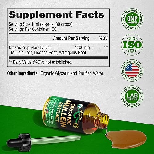 Miniatura 2 de USDA - Gotas de gordolobo orgánico para pulmones - Suplemento de extracto de regaliz y hoja de gordolobo - Hecho en Estados Unidos - Limpieza