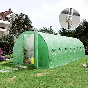AMERLIFE 26x10x7ft Large Walk-in Greenhouse for Outdoors with Watering System Upgraded Swing Door Tunnel Greenhouse kit, Heavy Duty Galvanized Steel Frame, 16 Windows, Ground Pegs & Film Clips, Green