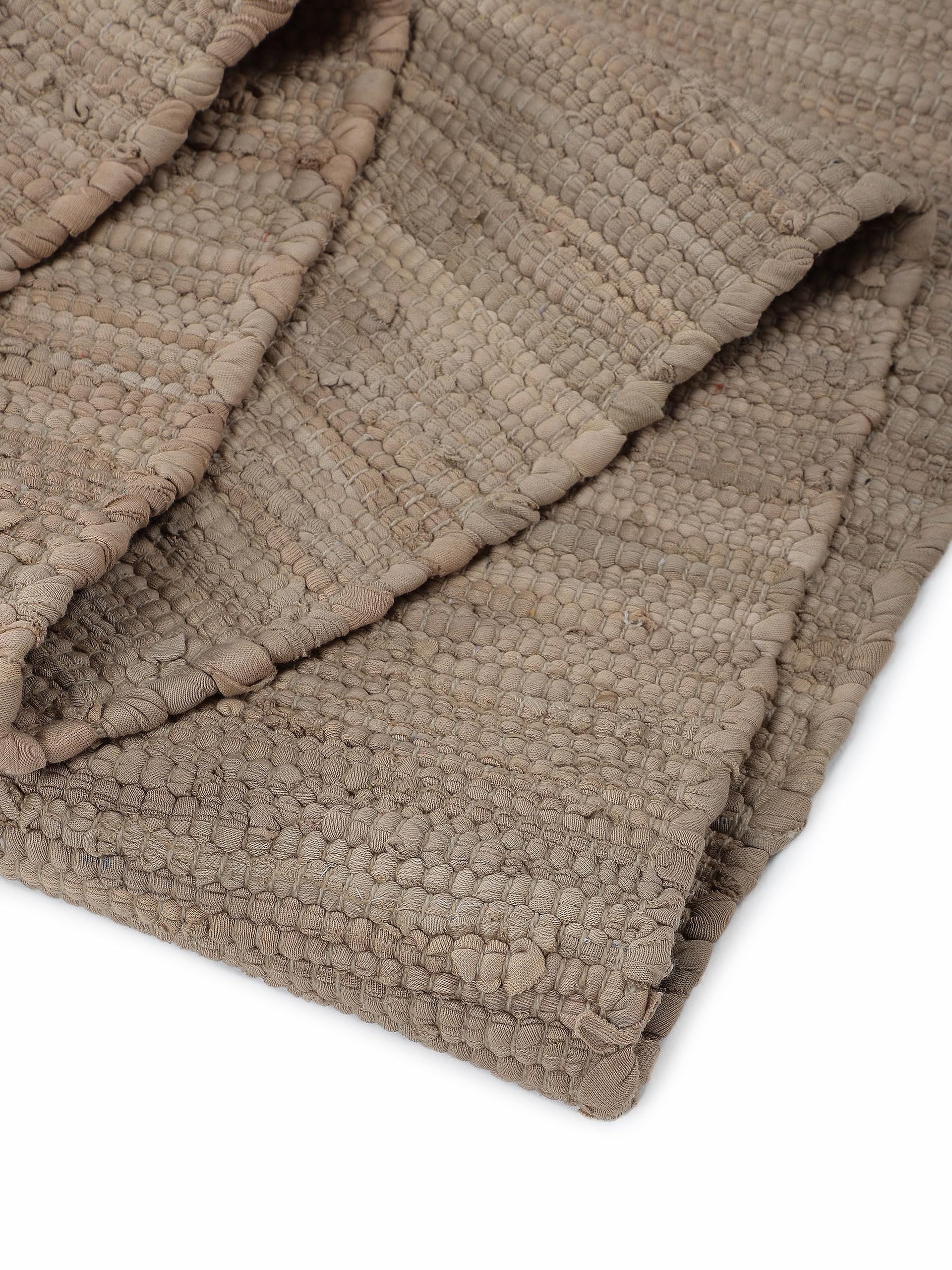 carpetfine Flickenteppich Kelim Chindi Uni Läufer Taupe 70x240 cm, handgewebt | Fleckerlteppich aus Baumwolle für Wohnzimmermit Fransen