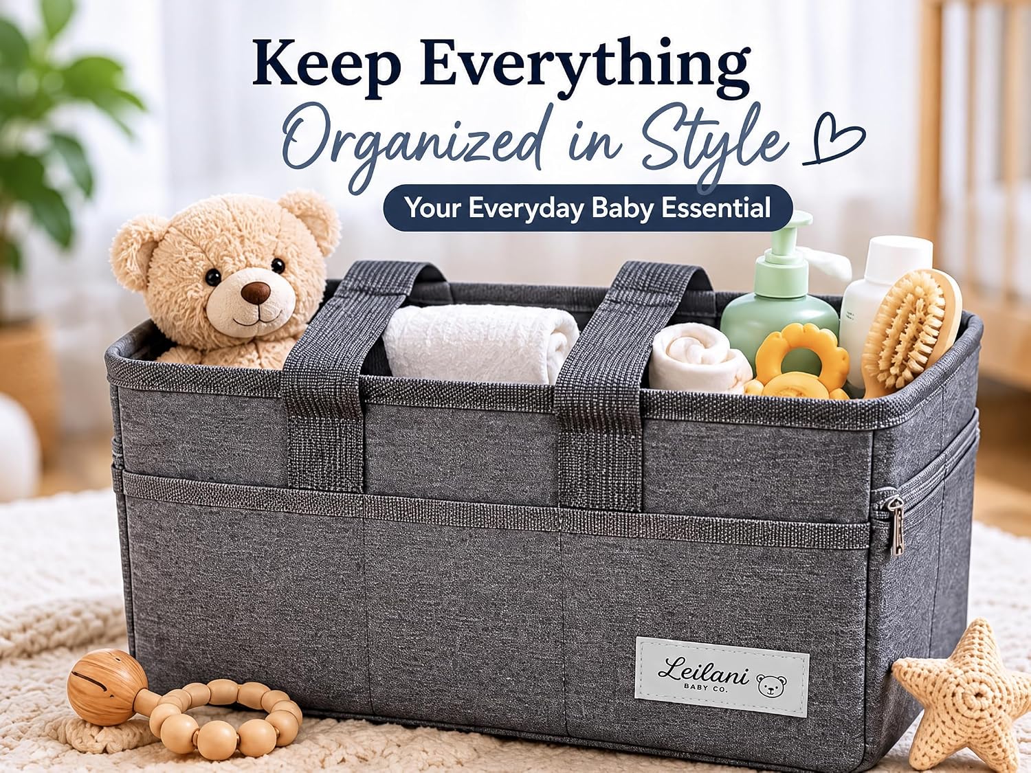 Leilani Baby Diaper Caddy Organizer, Gray, Smart Compartments for Diapers, Wipes, Bottles & More