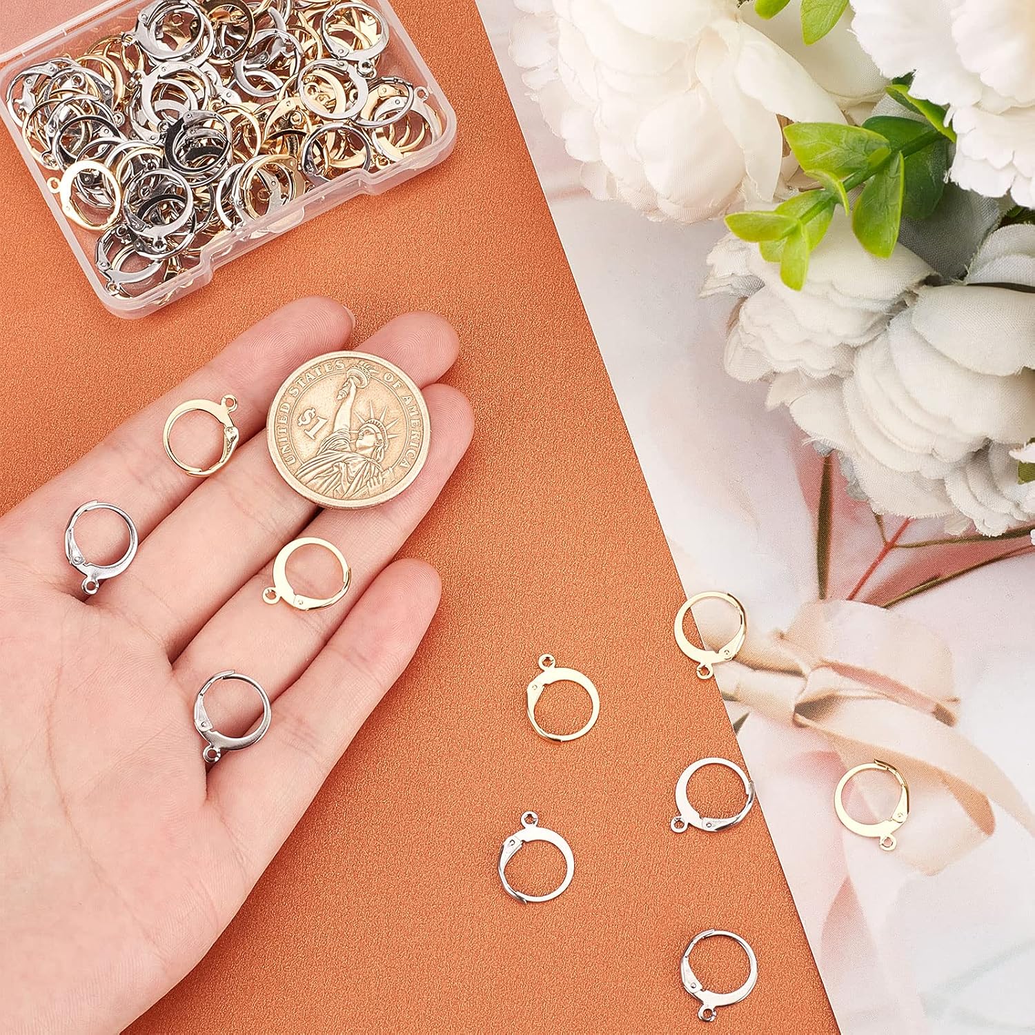 Beebeecraft 100Pcs Huugie Hoop Earring Findings 24K Gold Plated Round Leverback Earring Findings French Earrings Hooks EarWire Clasp for Dangle Jewelry Making (Gray, Gold)