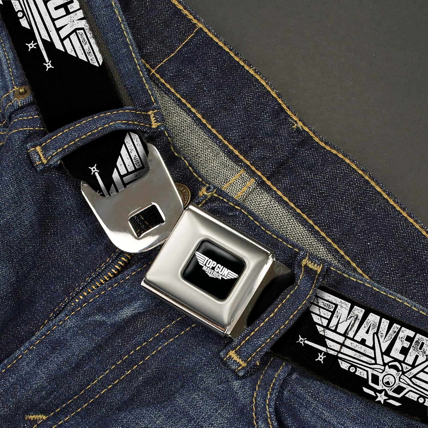 Top Gun Belt, Seatbelt Buckle Belt, Top Gun Maverick Fighter Jet Logo Weathered White, Adjustable