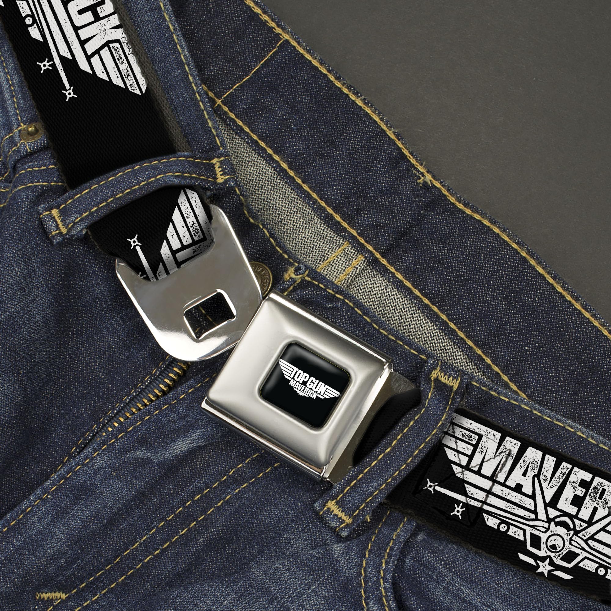 Top Gun Belt, Seatbelt Buckle Belt, Top Gun Maverick Fighter Jet Logo Weathered Black White, Youth 20 to 36 Inches