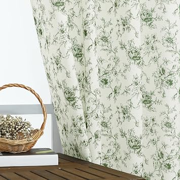 Olive Green Floral Country Cottage Curtains, Linen Sheer Vintage Pattern Print Curtains for Living Room Bedroom Dining Room, 50 Wide x 63 Inch Length, Dark Sage and Beige