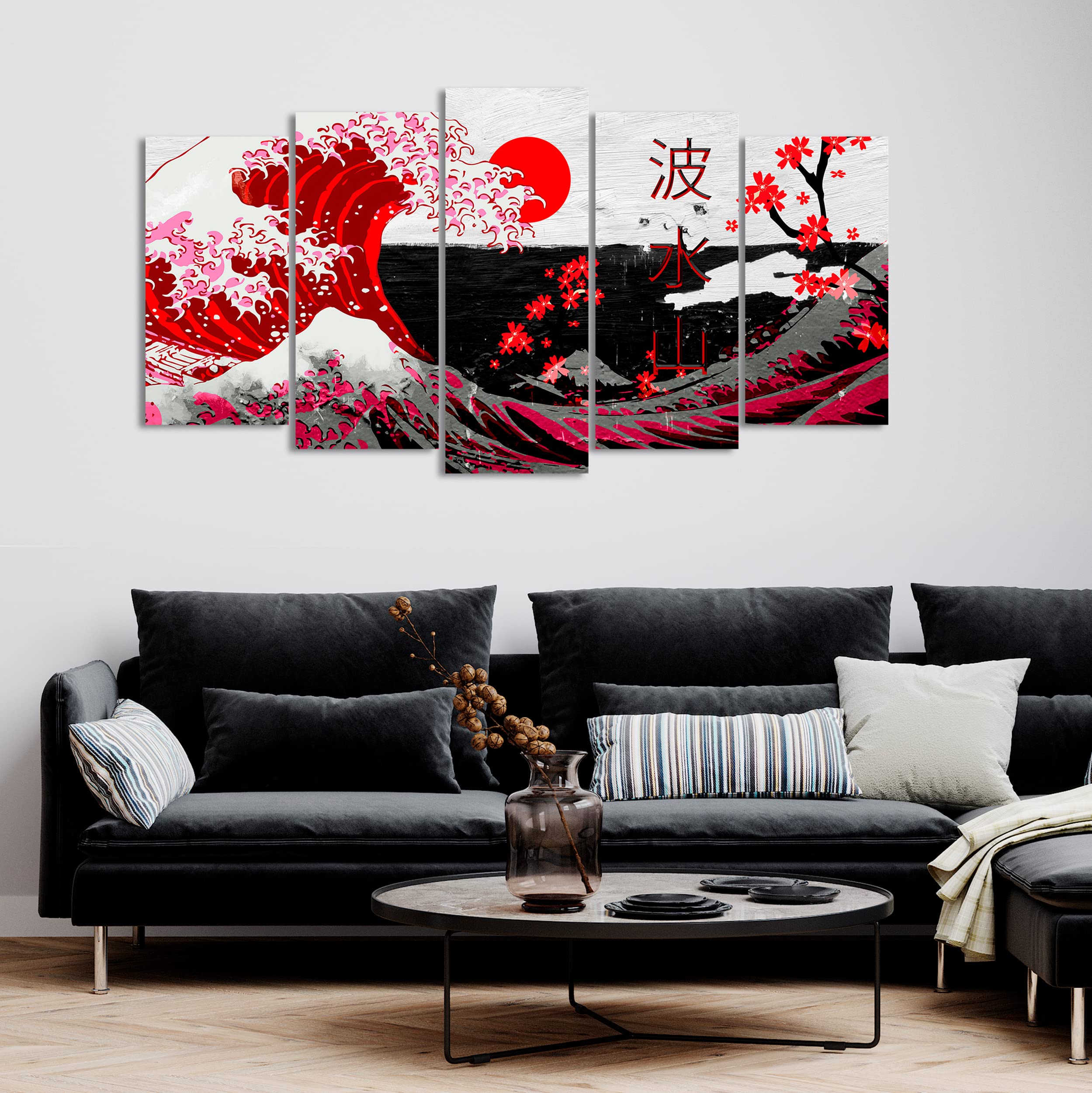 DekoArte - Cuadros Modernos Impresión Imagen Artística | 5 Piezas 150x80cm | Lienzo Decorativo Para Tu Salón o Dormitorio | Estilo Abstractos Arte La Gran Ola De Kanagawa Rojo