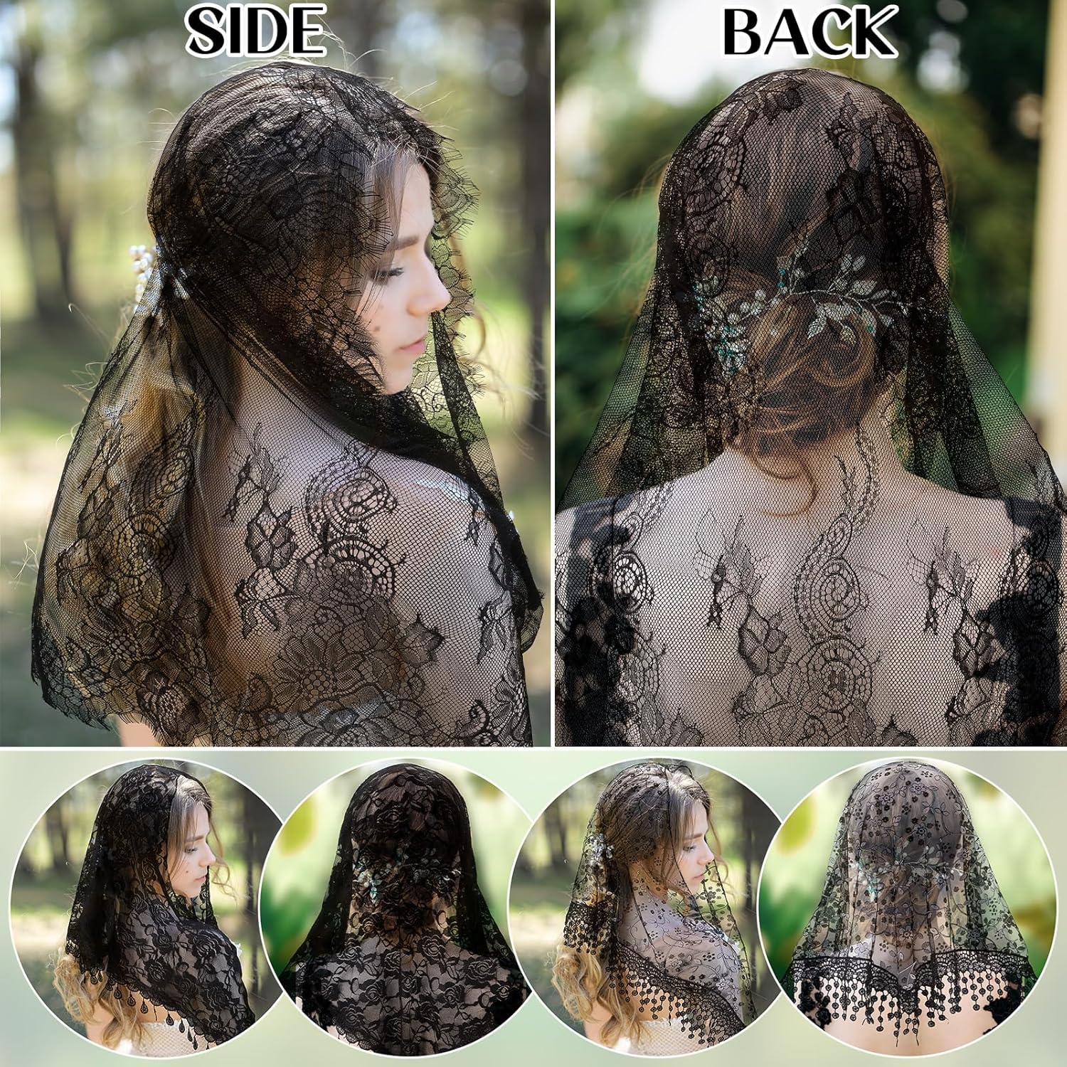 JATEBI 3 Pcs Retro Lace Catholic Veil Triangle Rectangular Mantilla Latin Mass Veil Head Covering Lace Shawl - Image 4