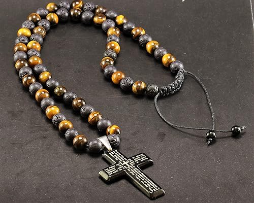 Miniatura 5 de Cross Necklace & Natural Tiger Eye Black Lava Gemstone Protection Beaded Long Macrame Adjustable Necklace Gift For Men's Christmas Gift