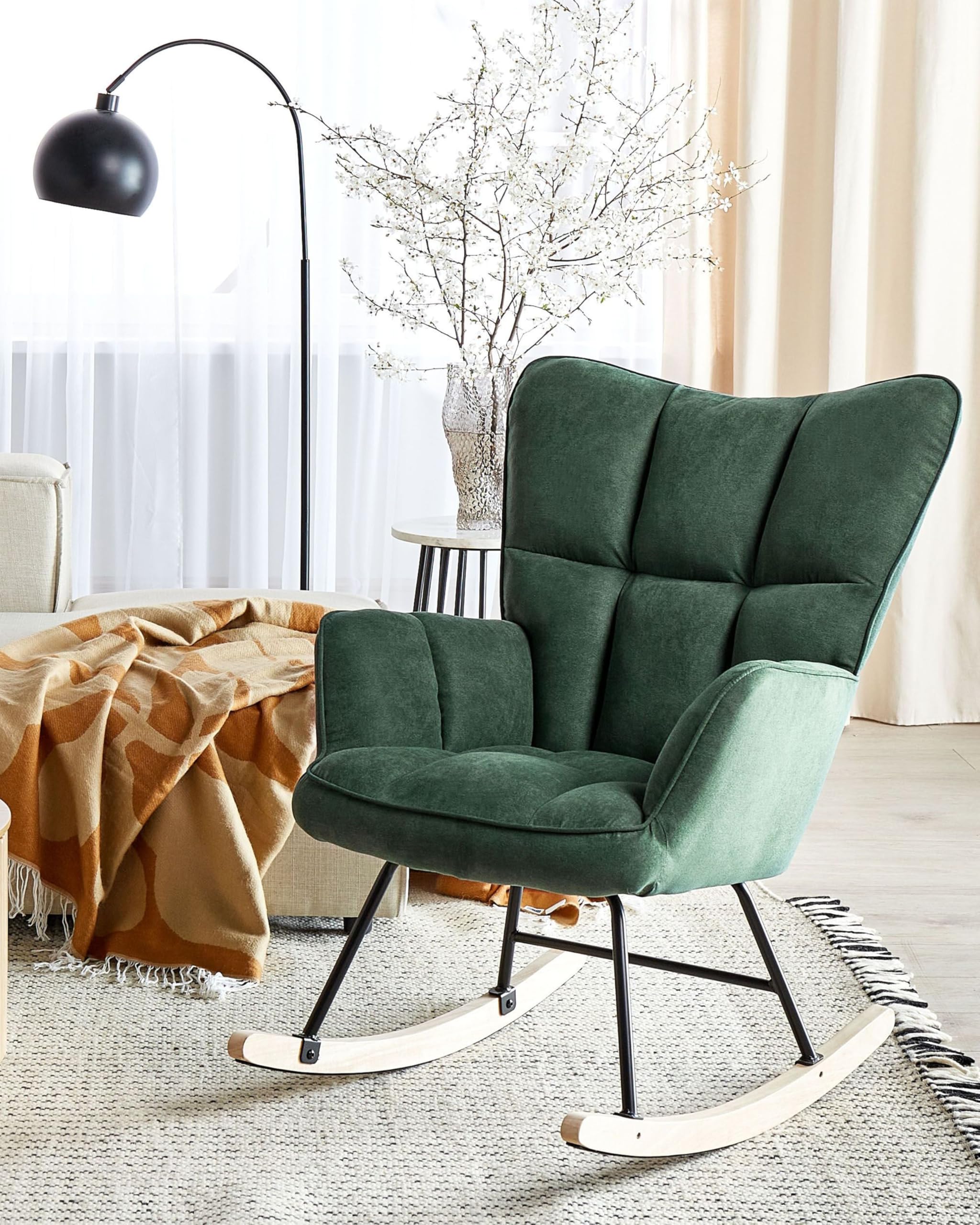 Beliani Fauteuil à Bascule Moderne en Tissu Polyester Vert Foncé et Pieds en Bois Oulu