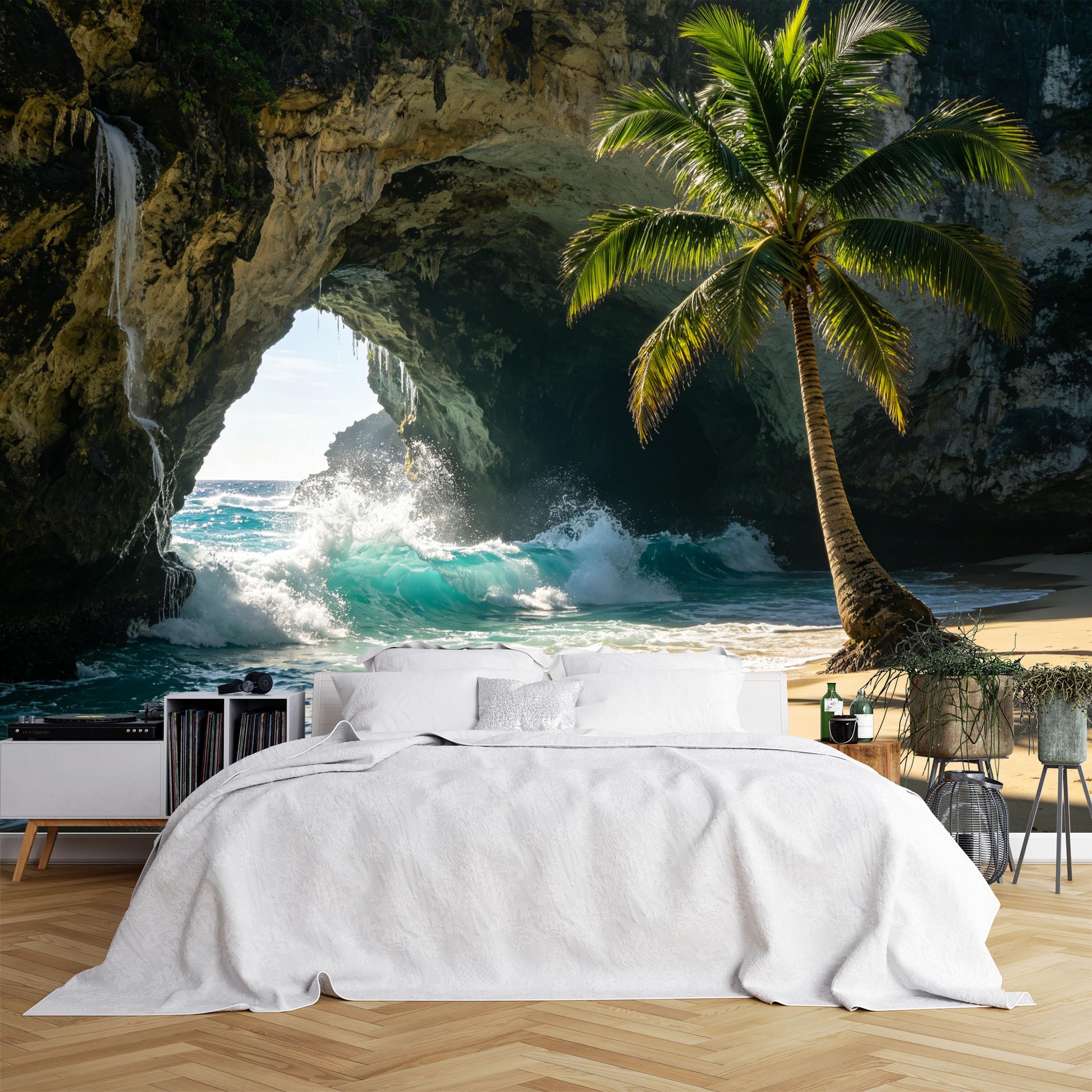 Lcythiazole Ch260615253 Custom Size Wall Murals Cave Beach Coconut Palm Turquoise Ocean Waves Hd Wall Covering Fabric Self-Adhesive Wall Fabric (No Pvc) Removable Wallpaper For