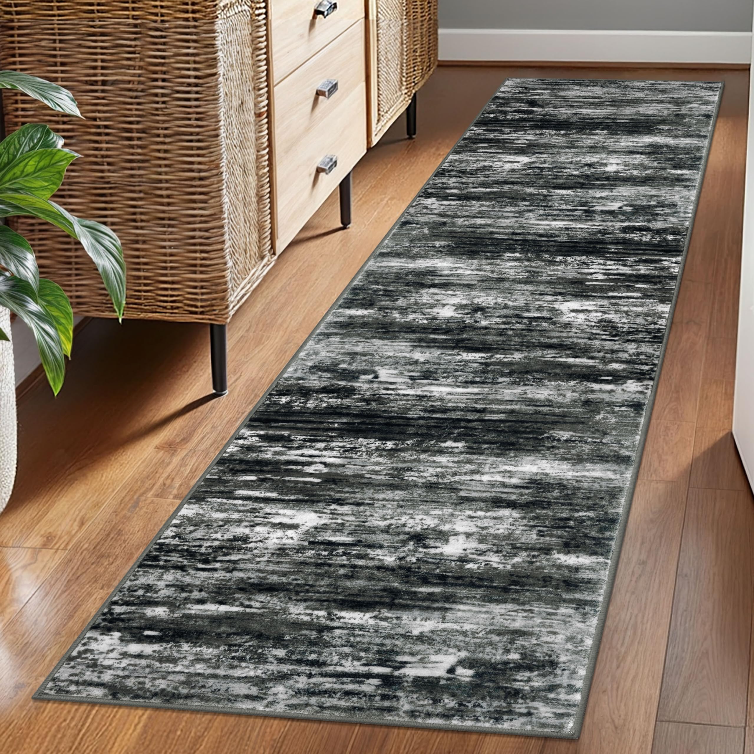 KOZYFLY Modern Abstract Washable Rug Runner 2x7 Hallway Runner Rug Non-Slip Soft Kitchen Runner Rugs, Print Black Grey Striped Carpet Runner for Entryway Bathroom Laundry Room Foyer — image 1