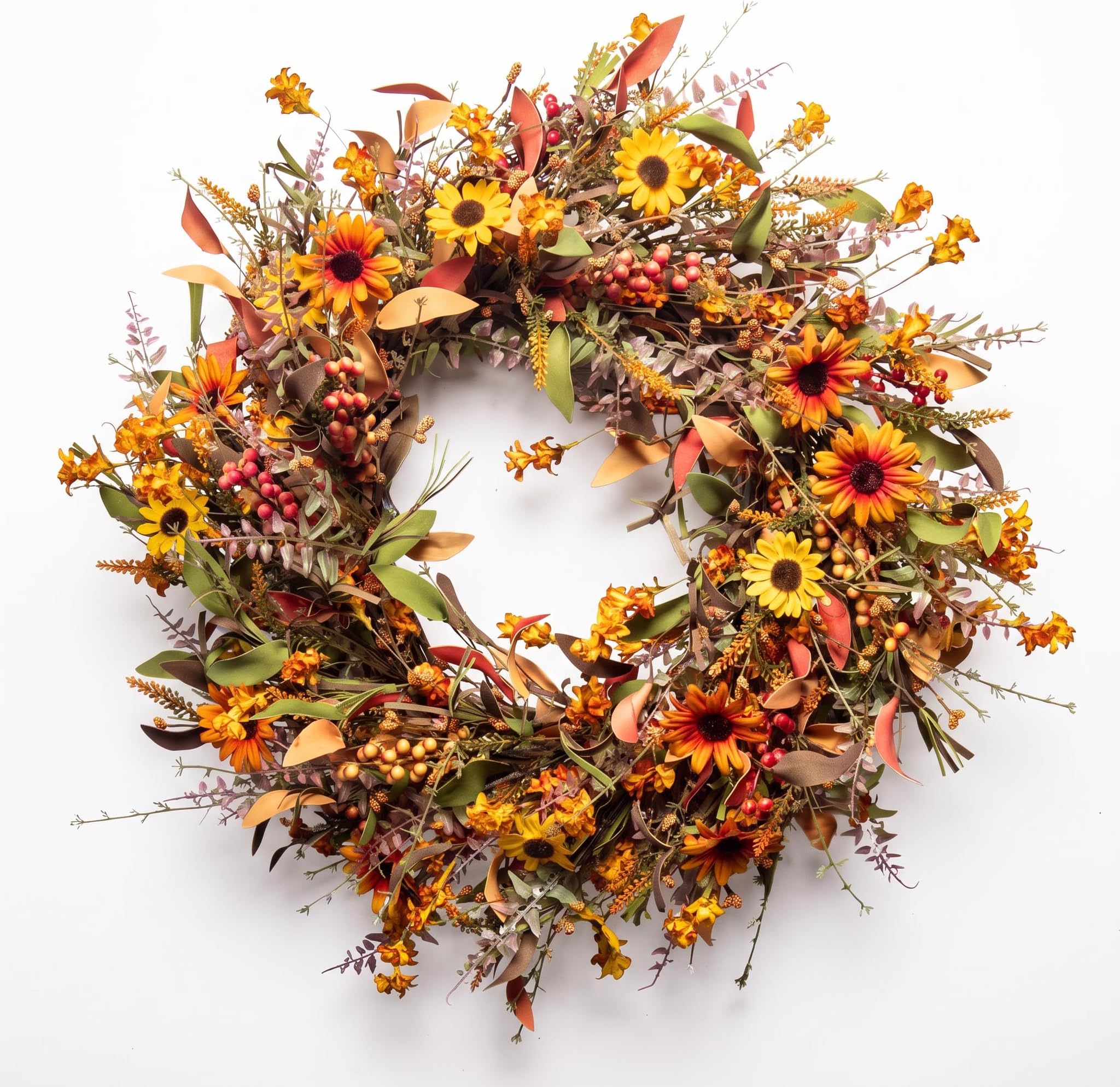 JINGHONG Fall Wreaths for Front Door 24 Inch Artificial Fall Wreath Large Autumn Wreath with Orange Yellow Daisies Berries Thick Foliage for Farmhouse Wall Porch Outdoor Harvest Thanksgiving Day Decor
