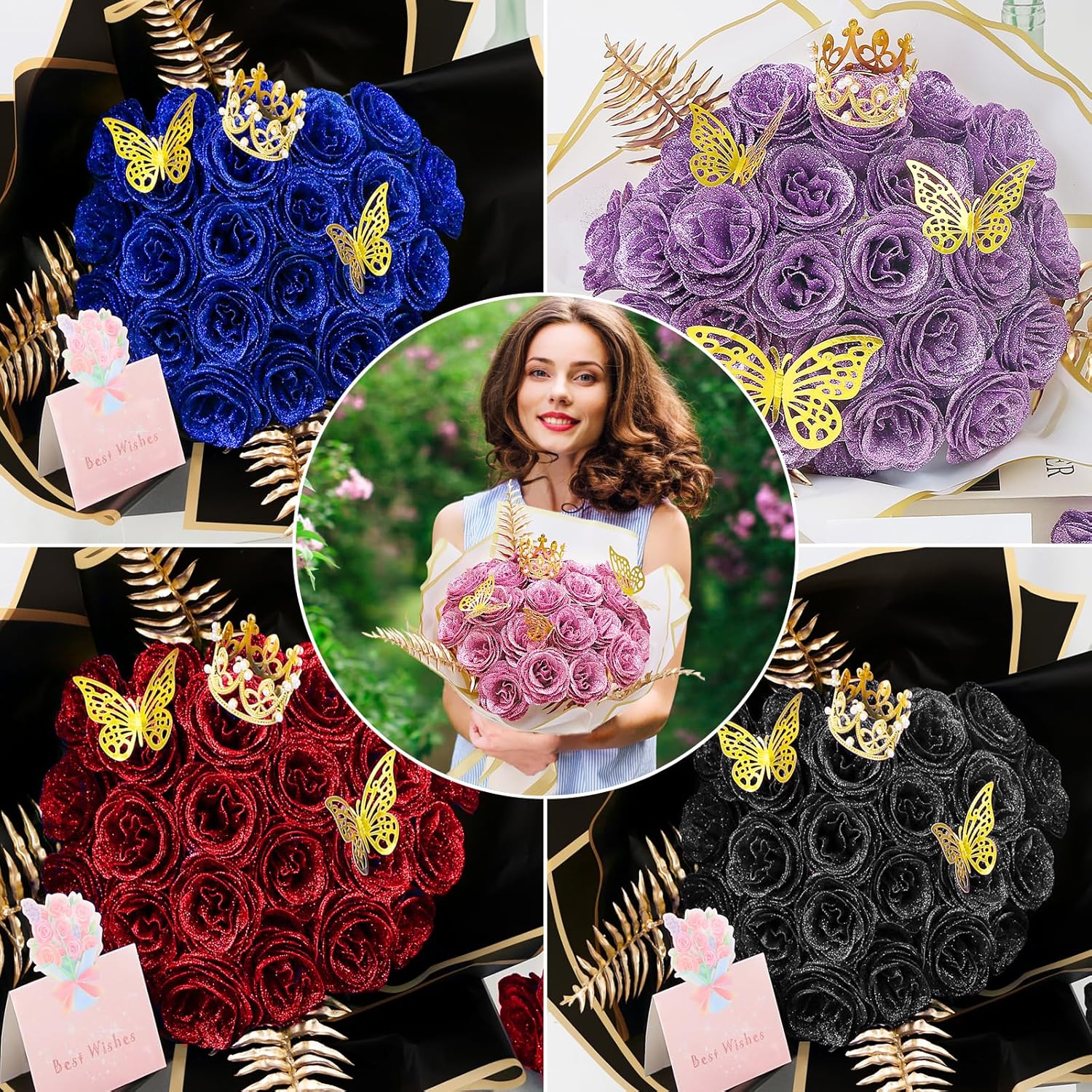 Black DIY Glitter Roses Bouquet - 36 Pack Artificial Rose Bouquet Shiny Fake Eternal Floral Bouquets for Graduations Wedding Anniversary Birthday, for Her - Image 6