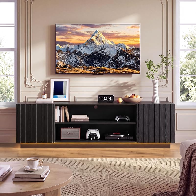 Mid Century TV Stand for TVs up to 80 Inches,Power Outlet, Black image 2