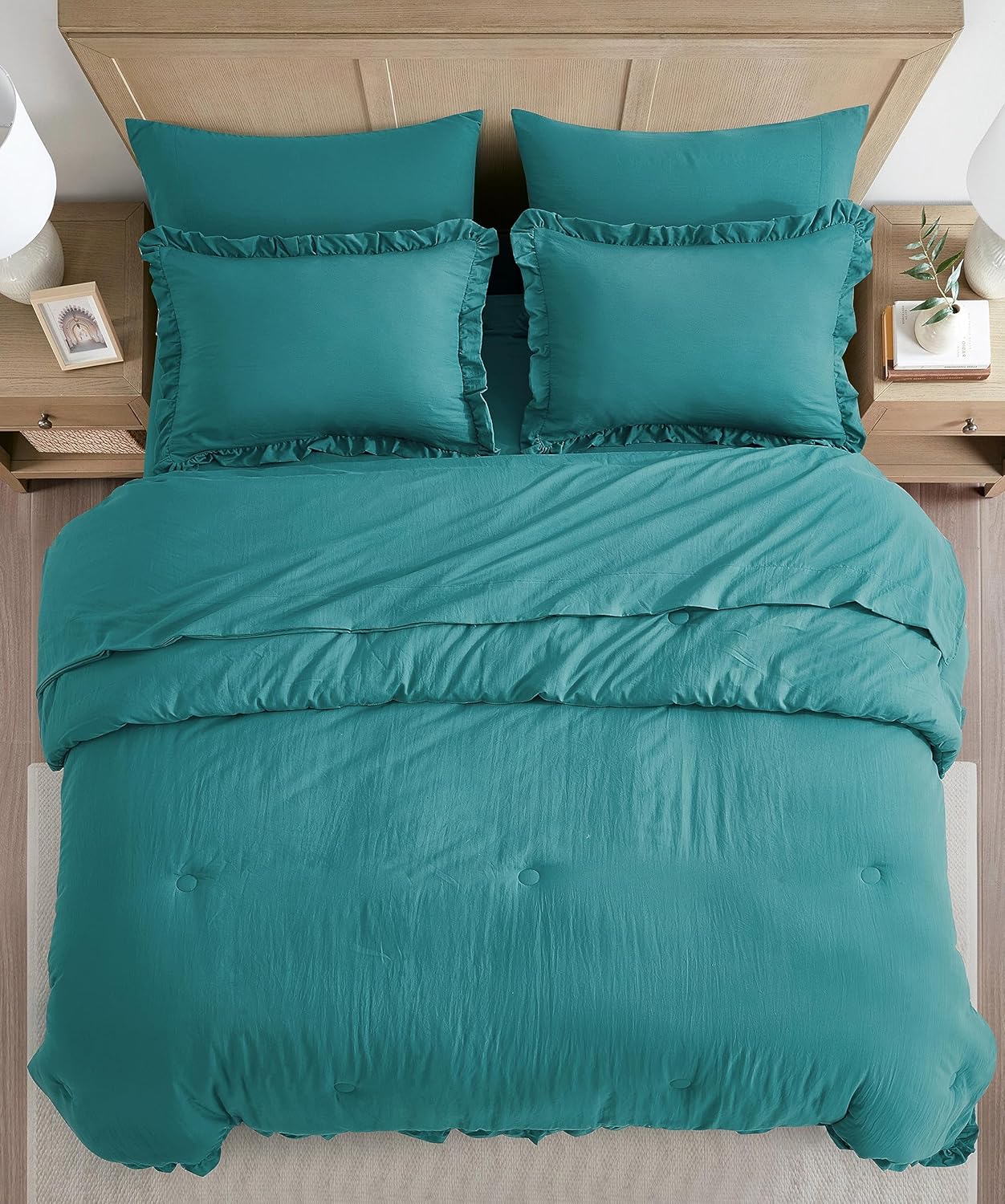 Chezmoi Collection Eleanora Twin Bed in a Bag 5-Pieces Ruffled Edge Trim Stone Washed Double Brushed Microfiber Comforter with Sheets Lightweight All Season Bedding Set (Twin, Teal)