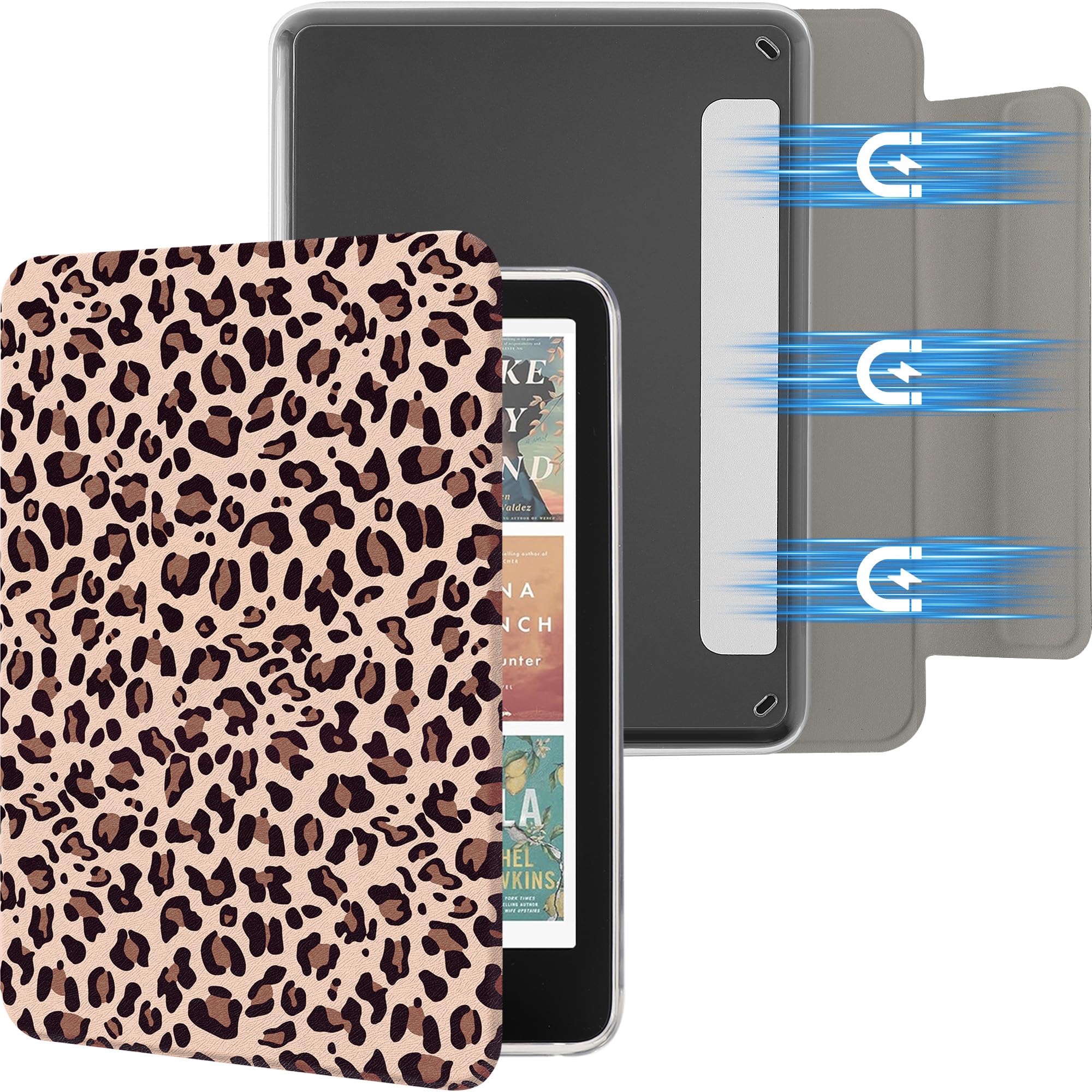 SESENSE Odłączane magnetyczne etui do Kindle Paperwhite 12. generacji 2024 i Kindle Colorsoft Signature Edition, smukłe etui z PU z automatycznym budzeniem/uśpieniem, lampart