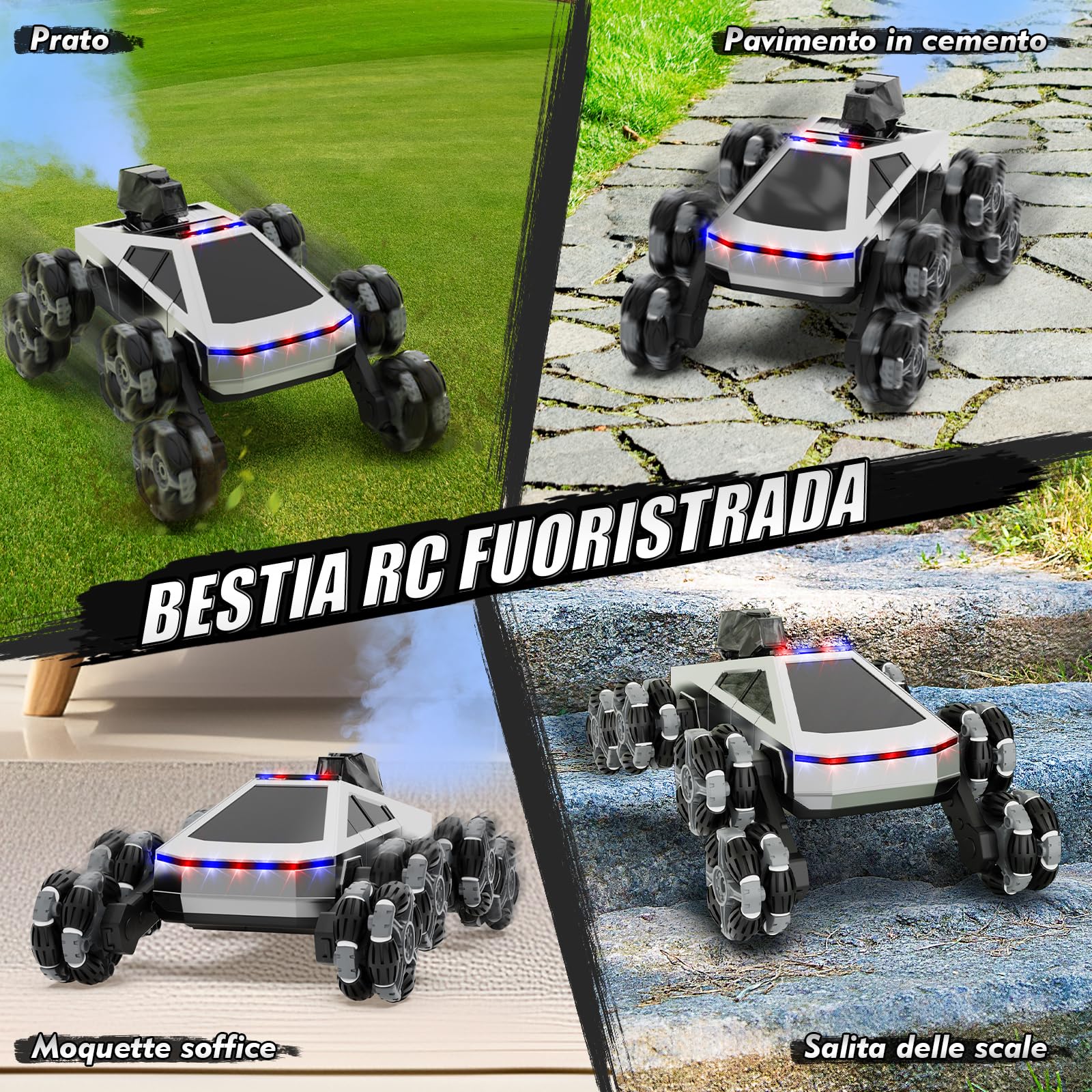 Macchina Telecomandata RC 8 Ruote Acrobatica, Veicolo Fuoristrada con Telecomando & Controllo Manuale, Luci LED, Musica, Spray, Giocattolo Bambini 5-11 Anni, Regalo di Natale per Ragazzi Ragazze