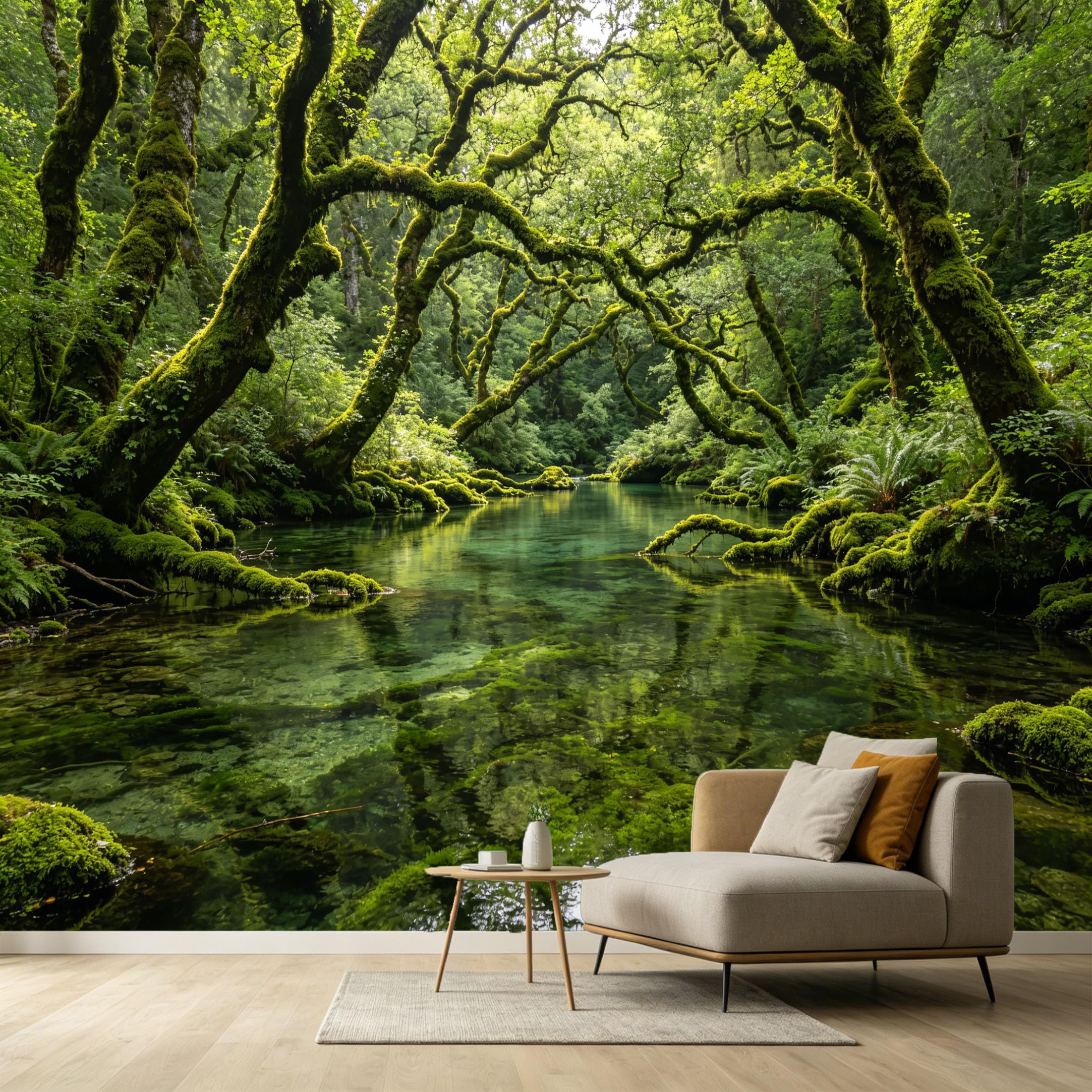 Custom Size Wall Murals Forest Landscape Ancient Mossy Tree Branches Clear River Water Reflection SelfAdhesive Wall Fabric Removable Large Wallpaper Photo for Living Room