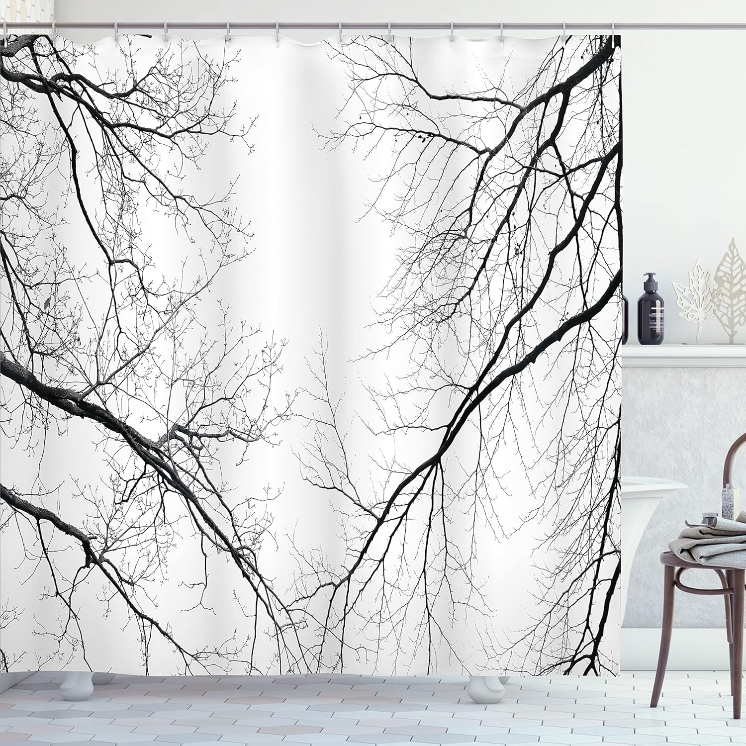 Ambesonne Forest Shower Curtain, Trees Branches Leafless Spooky Scary Image in a Gloomy Air Sky Scene Image, Cloth Fabric Bathroom Decor Set with Hooks, 69" W x 75" L, Cream and Black