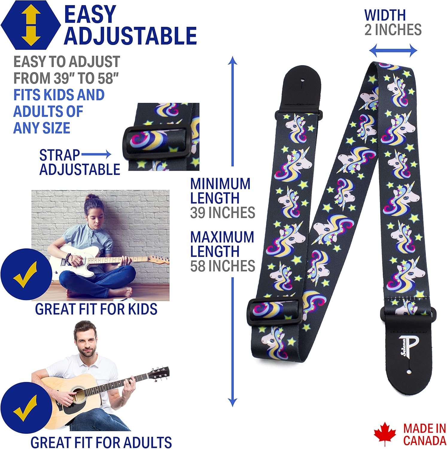 Perri's Leathers Leather Guitar Strap, 39"-58", Rainbow Unicorns, Polyester, Fits Electric, Jacquard, Adjustable, Cool Acoustic Guitar Straps for Electric & Bass