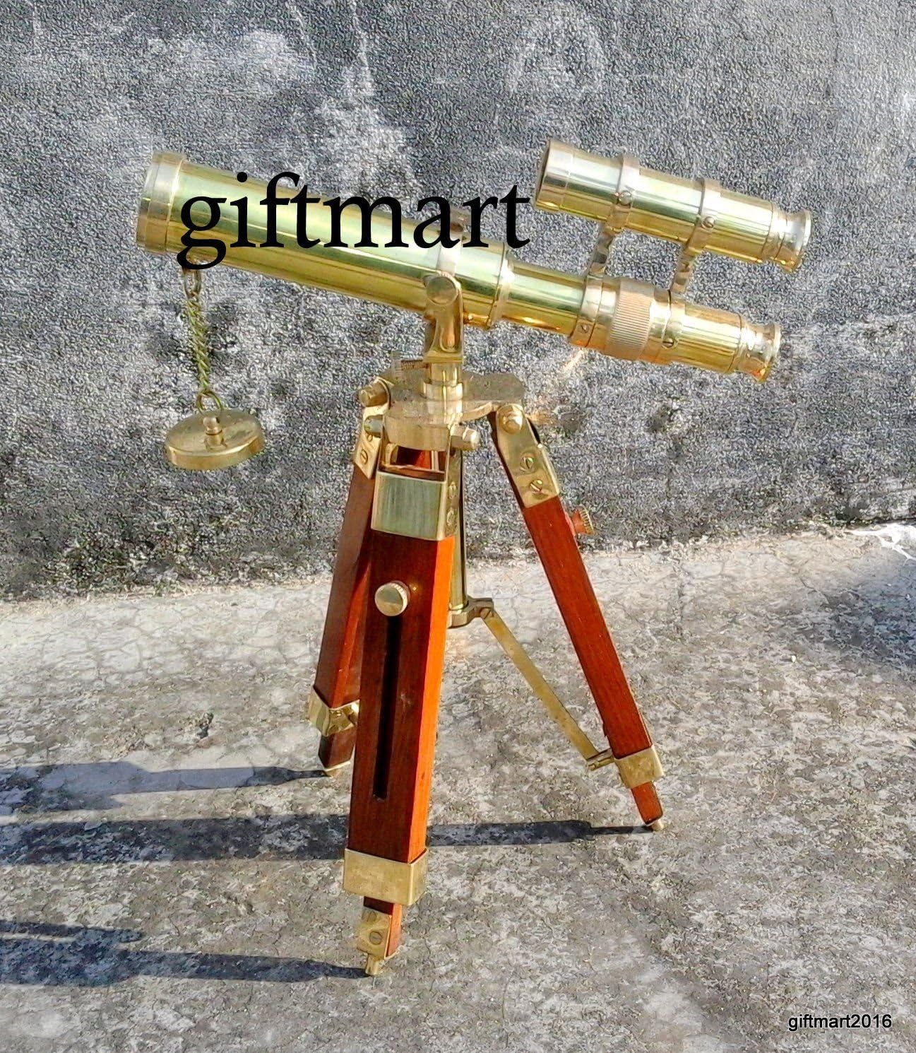Nautical Antique Replica Brass Telescope with Wooden Tripod Desktop Stand Decor
