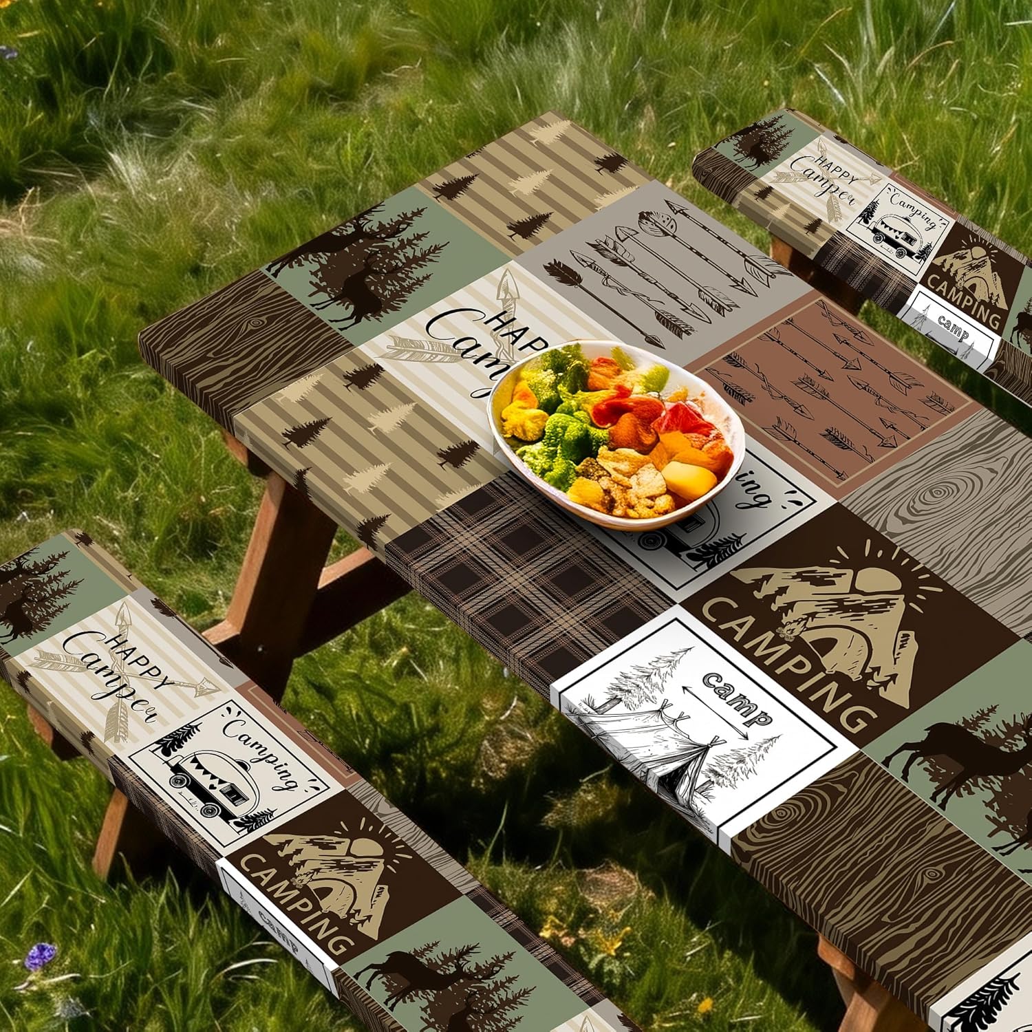 Picnic Table Cover with Bench Covers Elastic Edges, Brown Rectangle Outdoor Patio Camping Essentials 96 Inch 3PCS, Camper Fitted Table Cover, Waterproof Tablecloth with Drawstring Bag