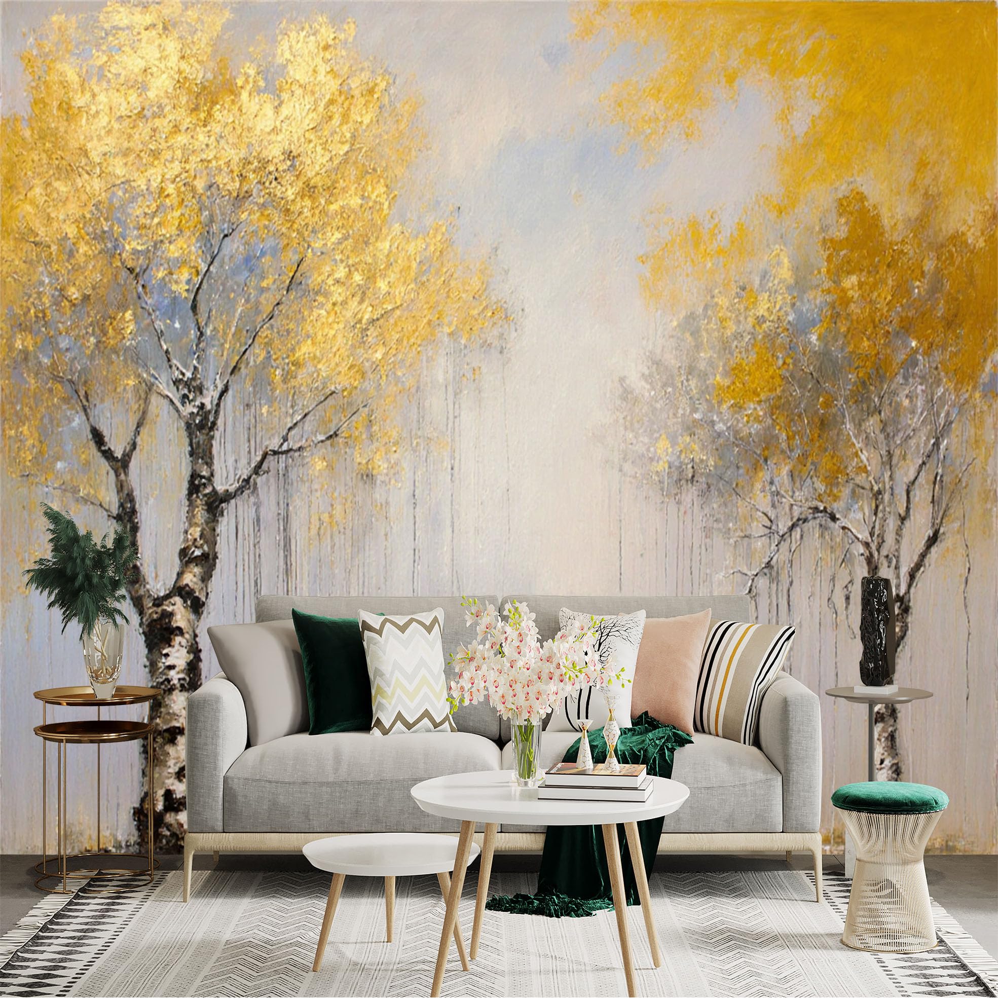 Custom Size Wall Sticker Mural， Golden Trees in Autumn Forest with Misty Background Abstract Art， for wall Decoration， peelandstick wall Decals.